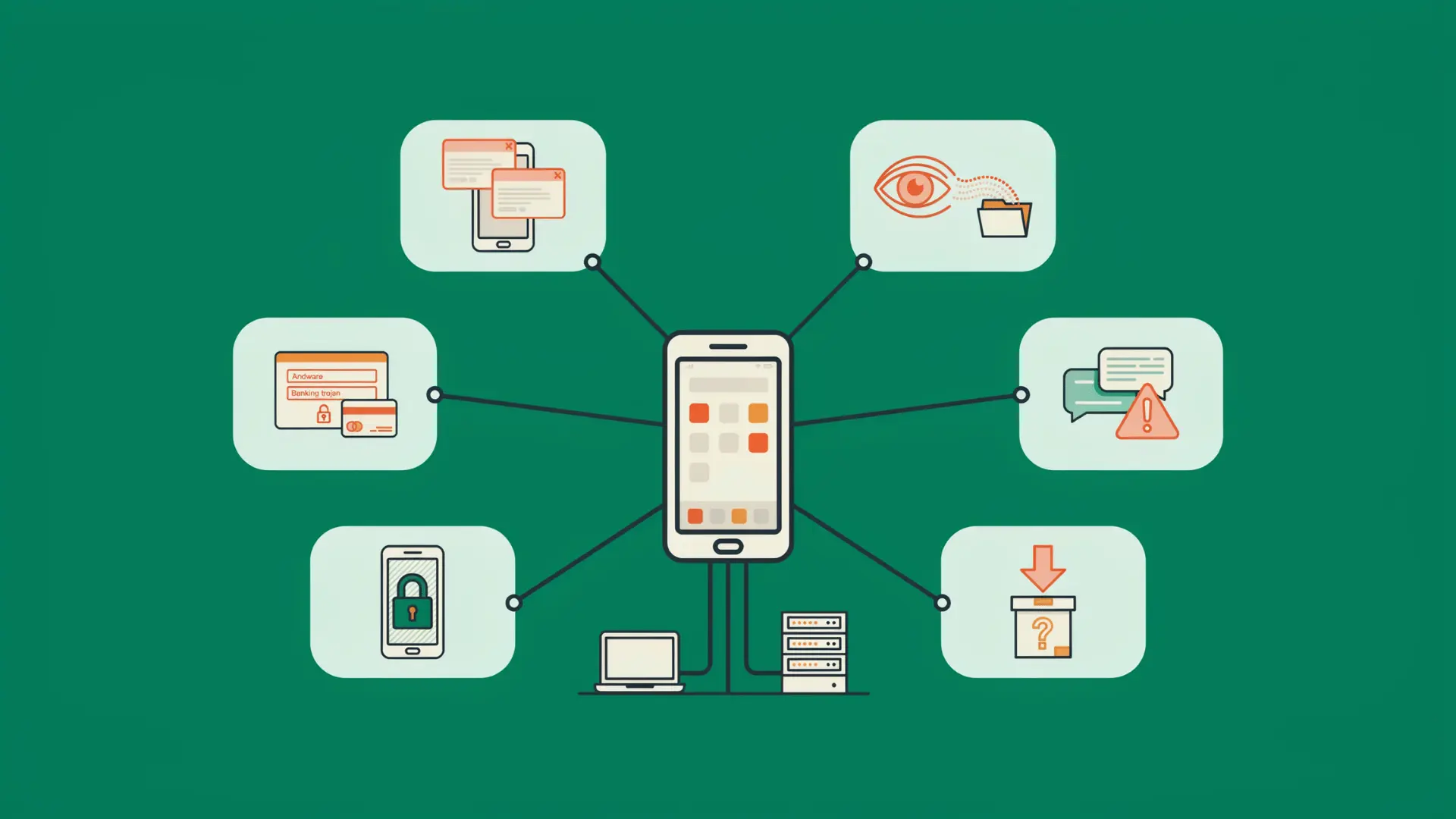 vector diagram of android malware types around a phone including spyware ads and lock icons