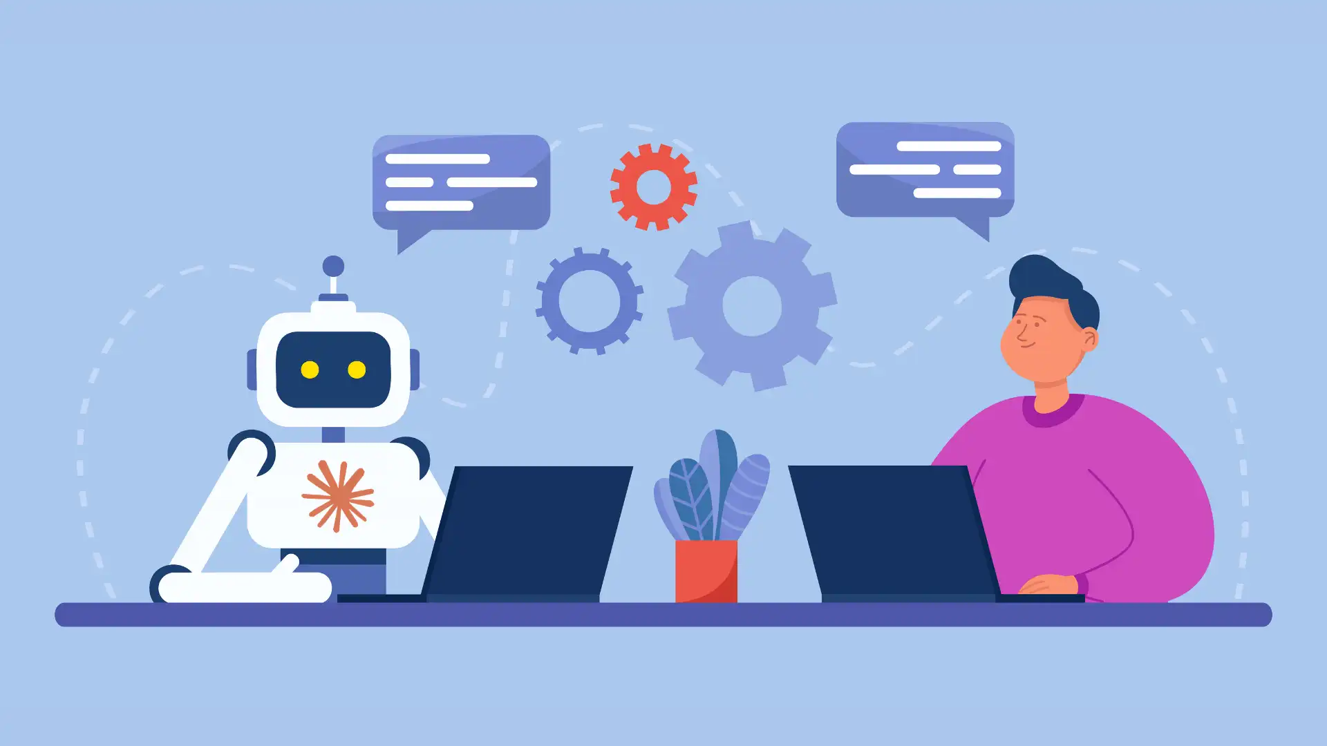 illustration of a robot and developer using laptops with gears and chat bubbles above them