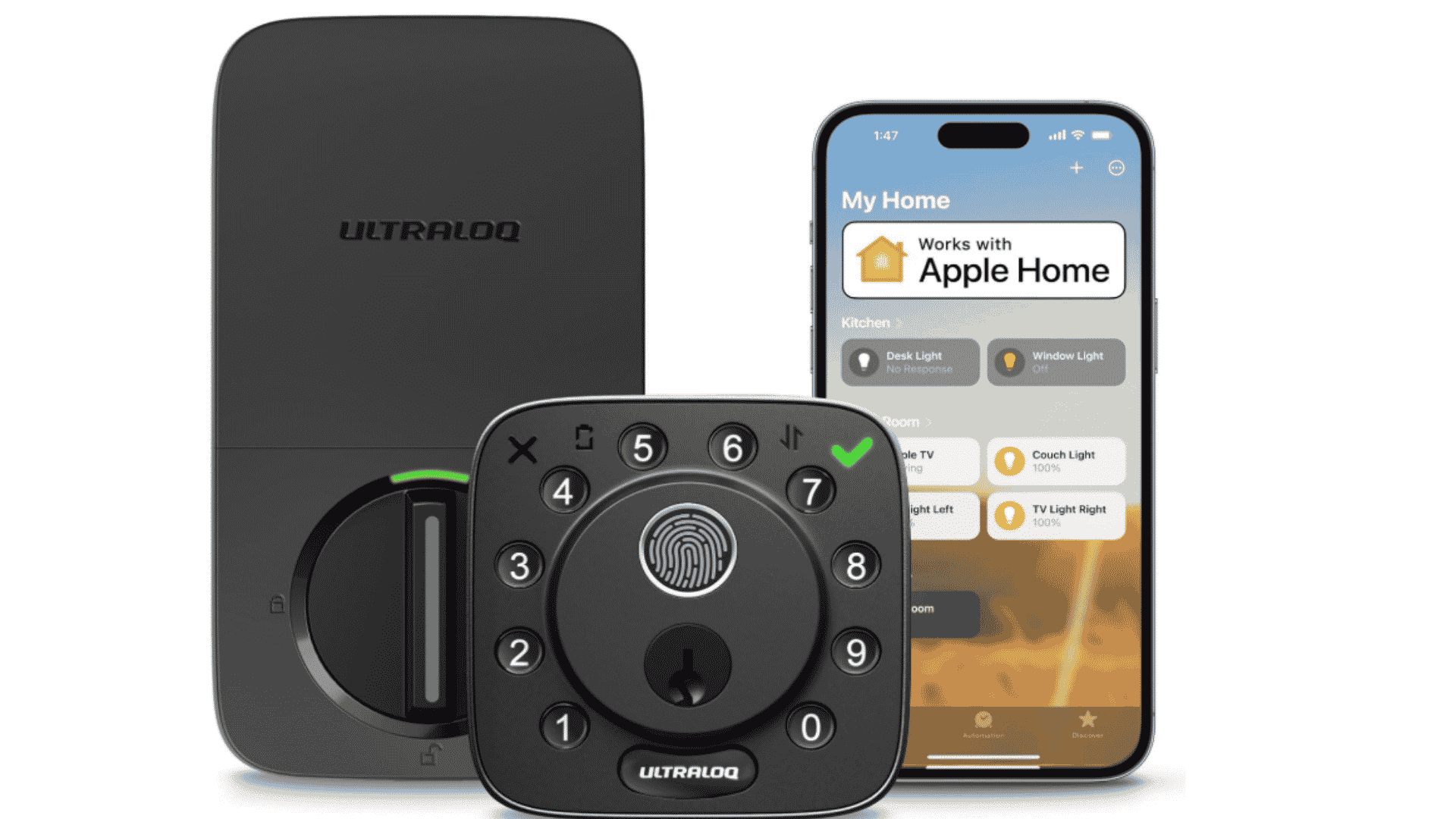 ultraloq fingerprint keypad lock shown beside a smartphone running the apple home app