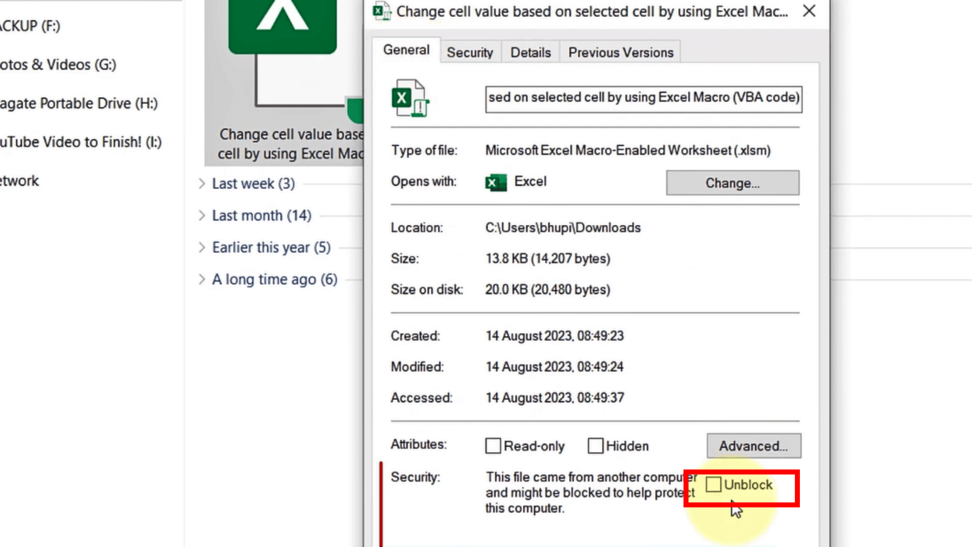windows file properties showing the unblock checkbox for a downloaded excel macro workbook