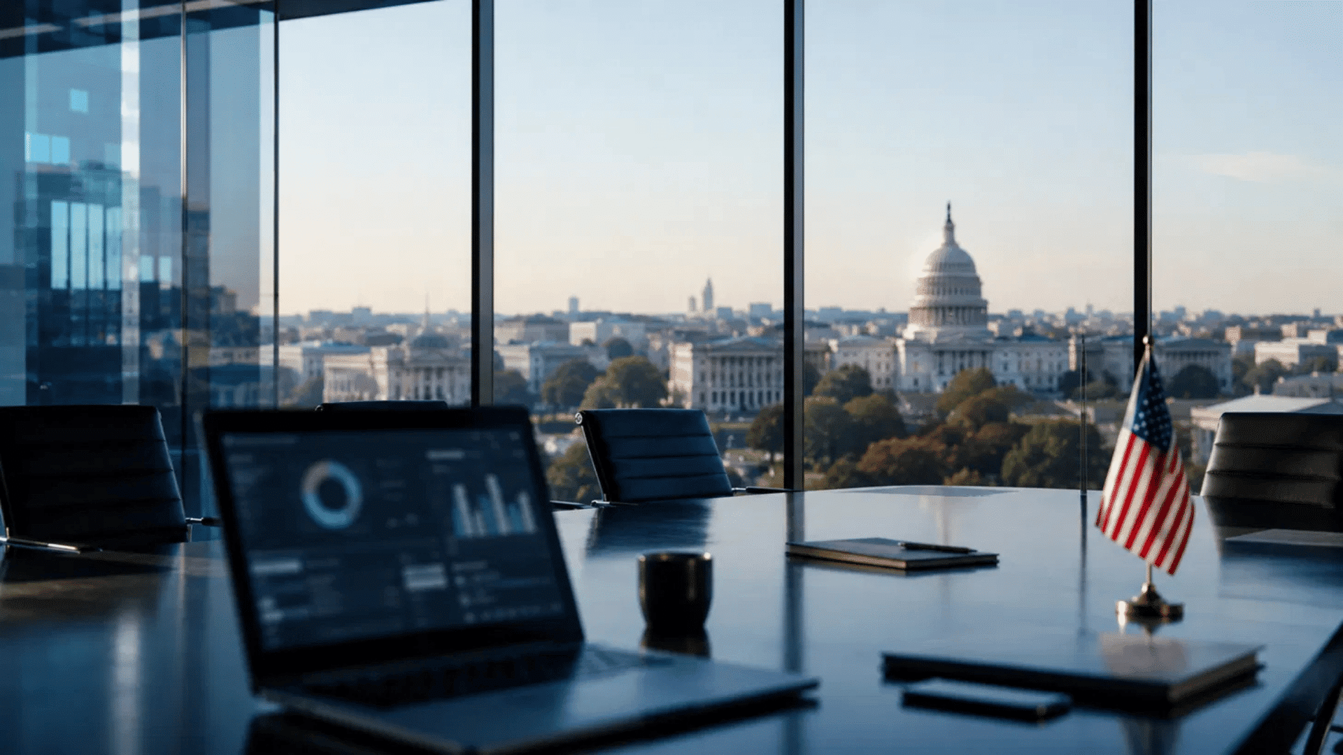 us policy layer with american flag and capitol building view from a government meeting room