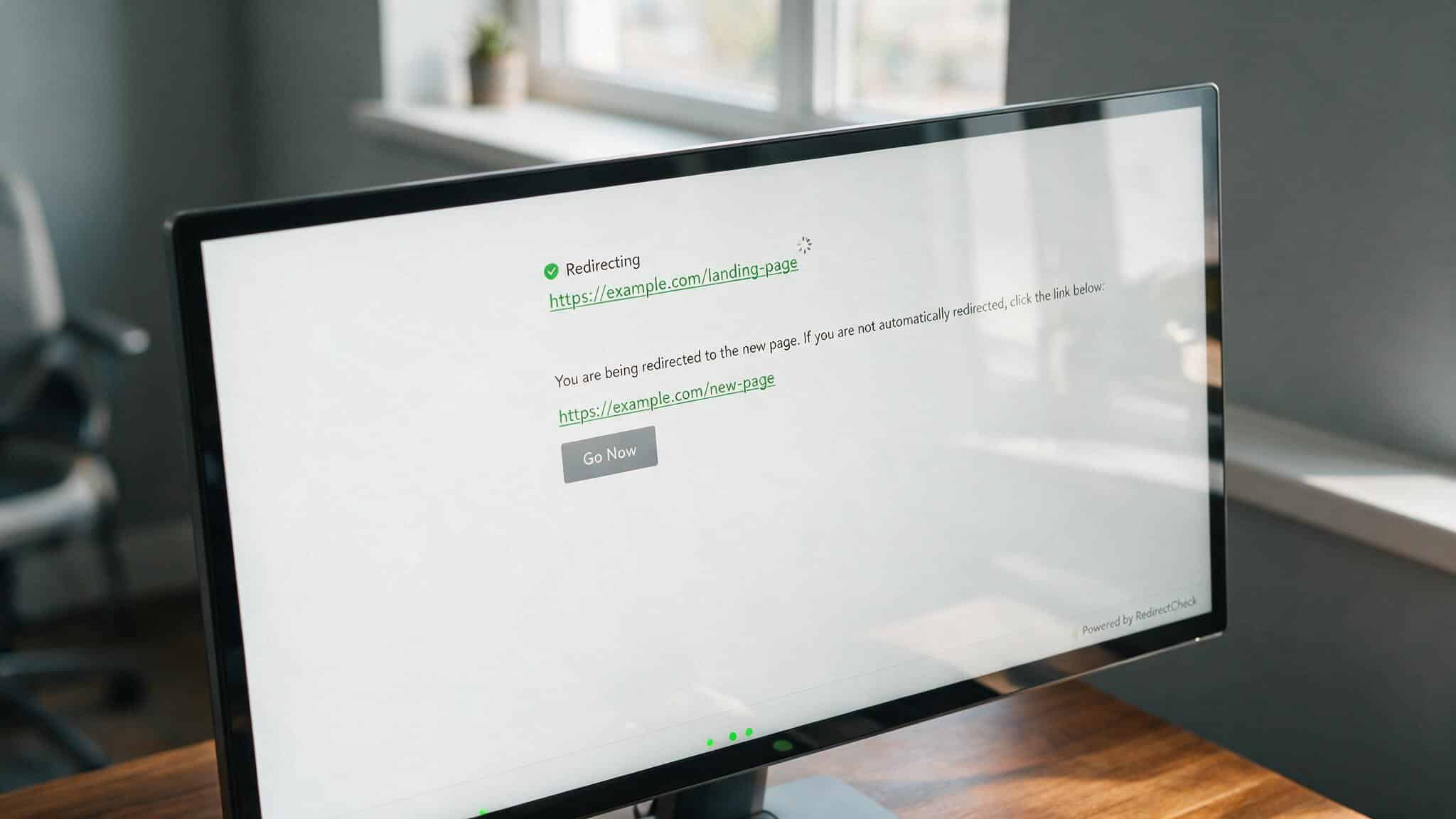 computer screen showing a long web address changing into a vanity url through a redirect flow