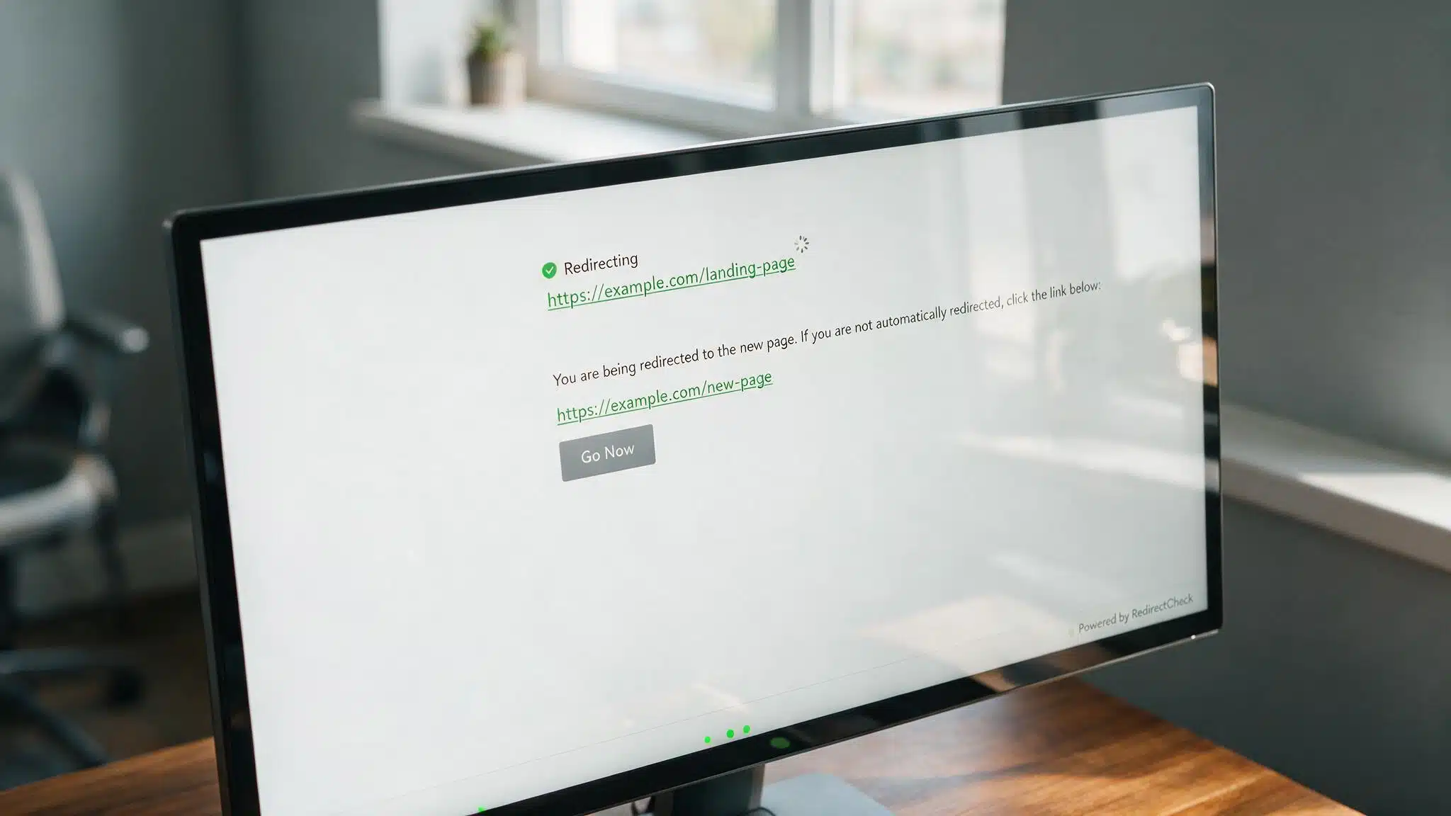 computer screen showing a long web address changing into a vanity url through a redirect flow