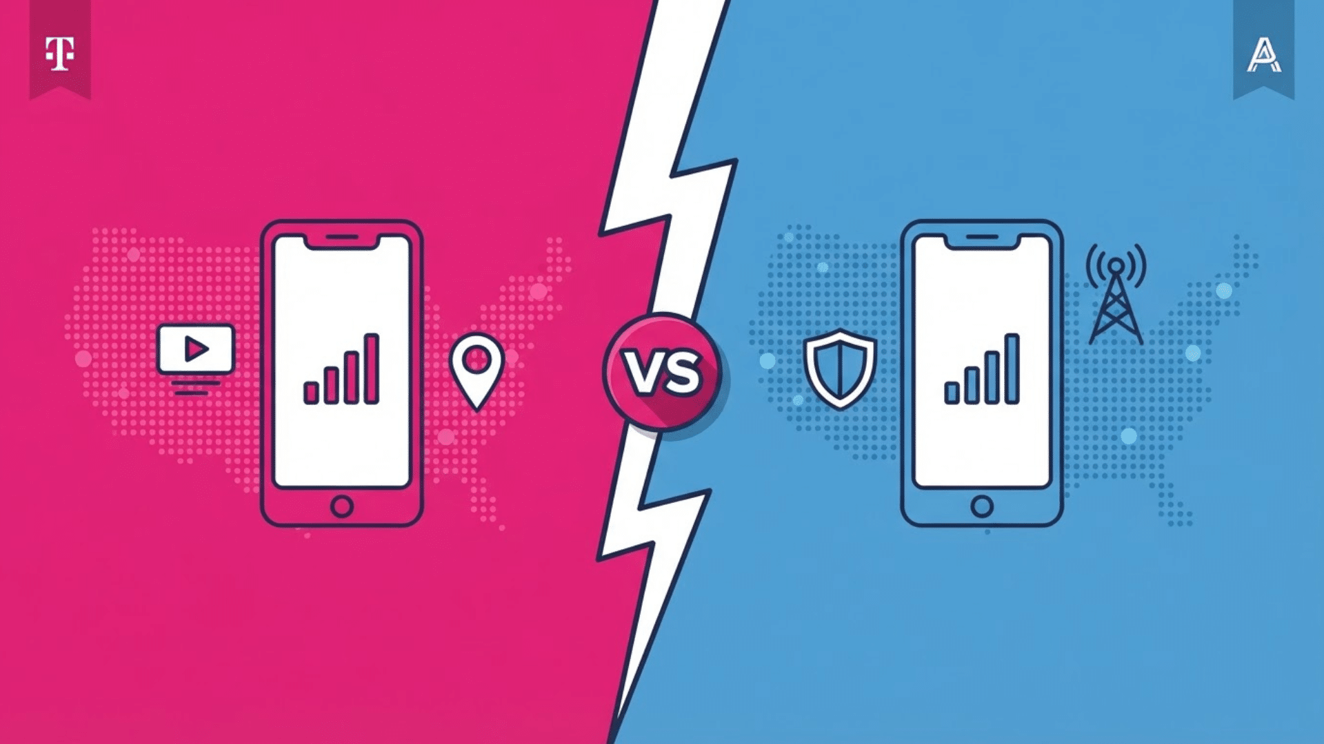 vector infographic hero image comparing pink t mobile icons against blue att icons