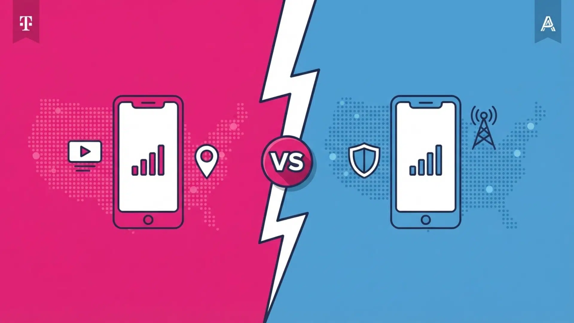 vector infographic hero image comparing pink t mobile icons against blue att icons