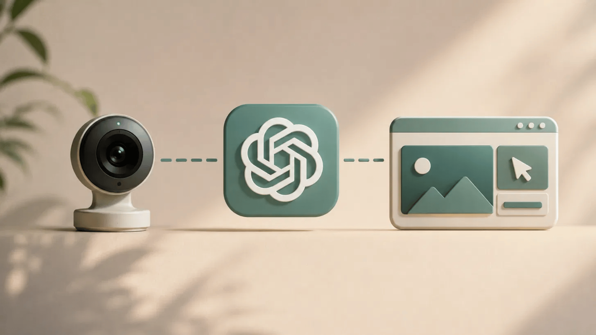 webcam and openai logo connected by dashed lines to a browser window with image and cursor icons