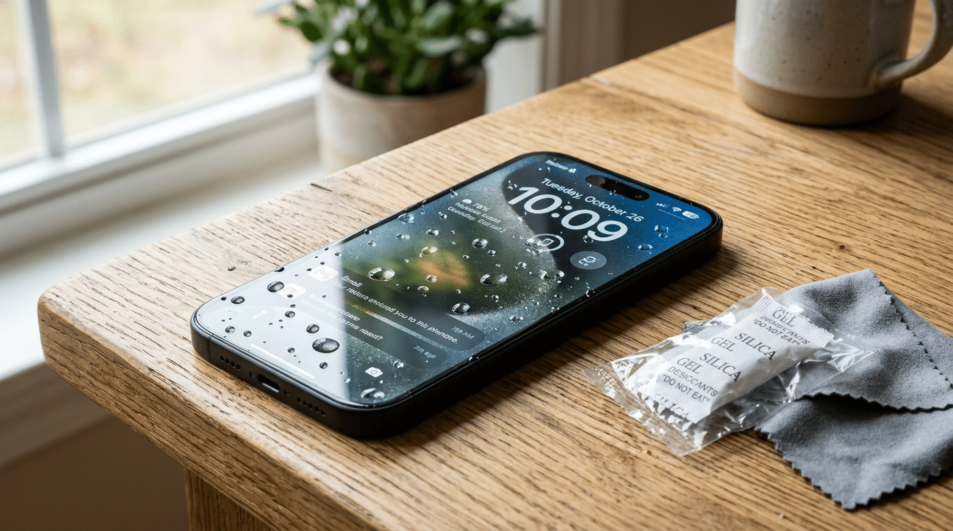 wet smartphone beside silica gel packets and a microfiber cloth on a wooden table