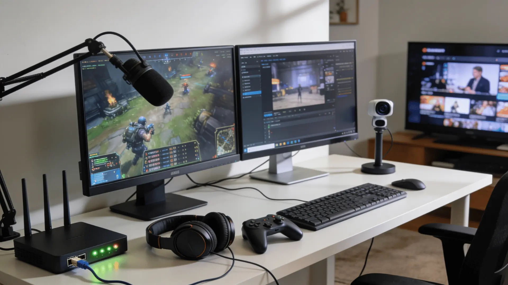 gaming and streaming desk with dual monitors microphone webcam router headphones controller keyboard and mouse