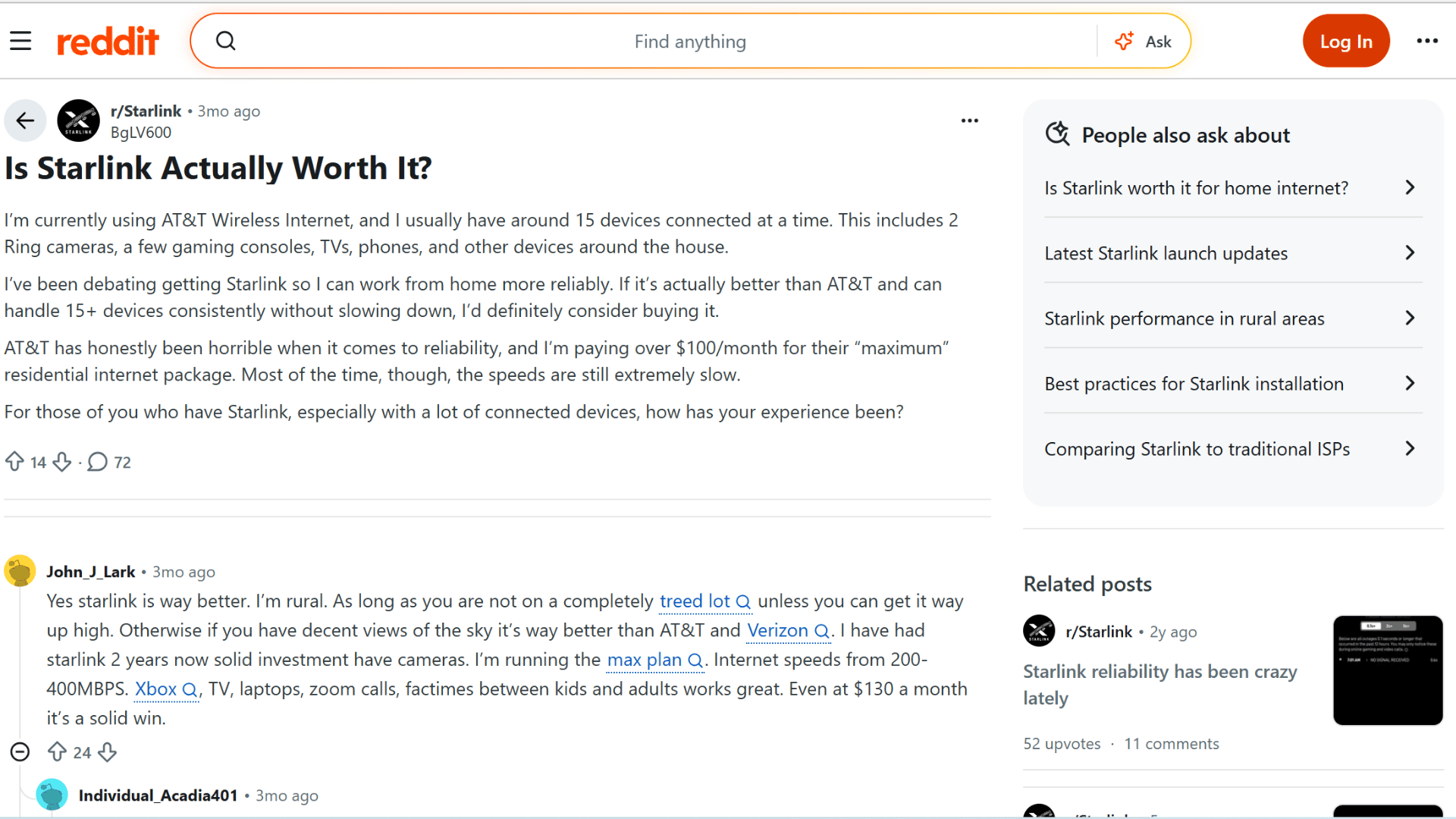 reddit discussion about whether starlink is worth it with user feedback on speed devices and reliability