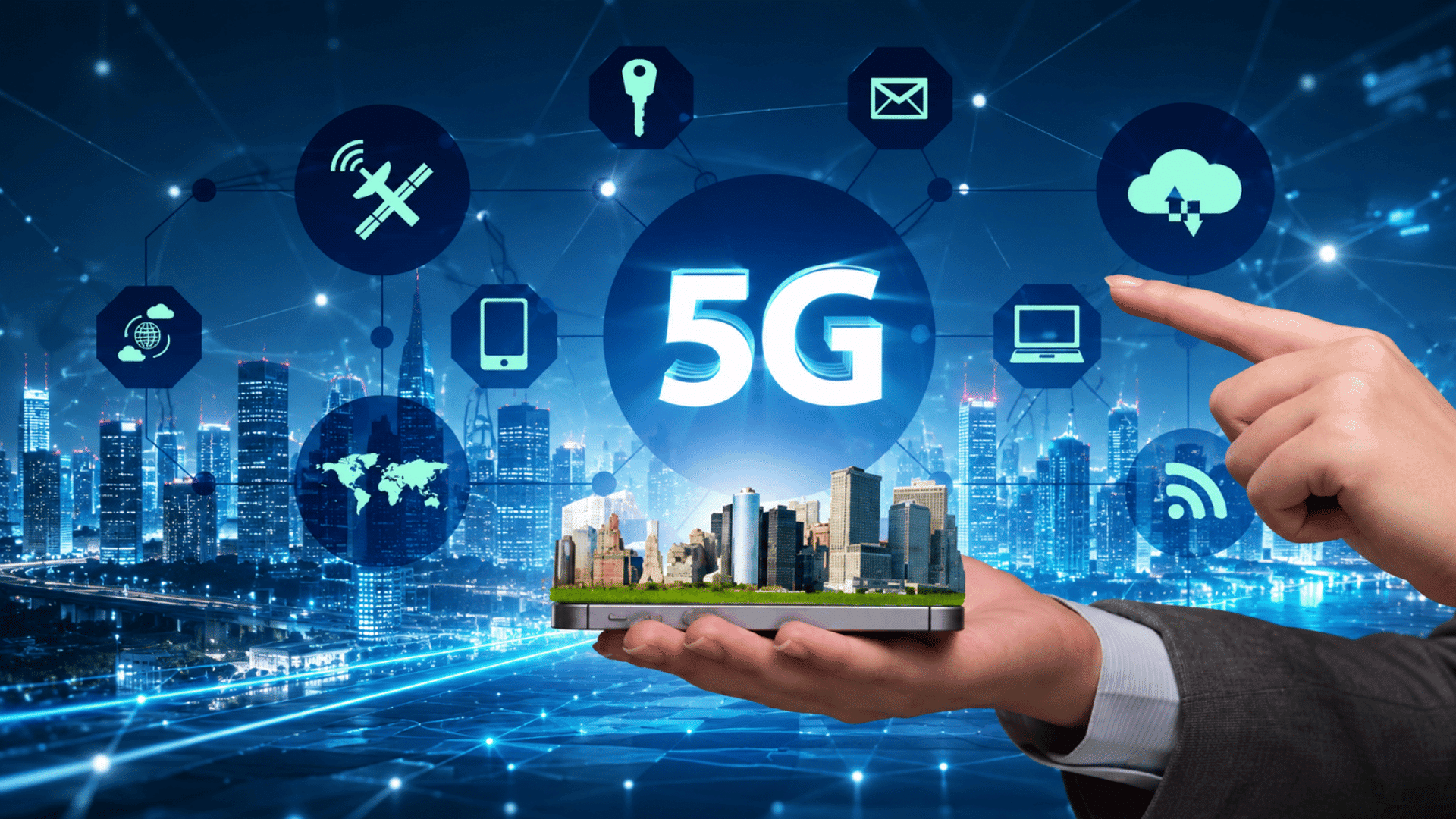 hand holding a smart city beneath glowing 5g icons with digital network connection symbols