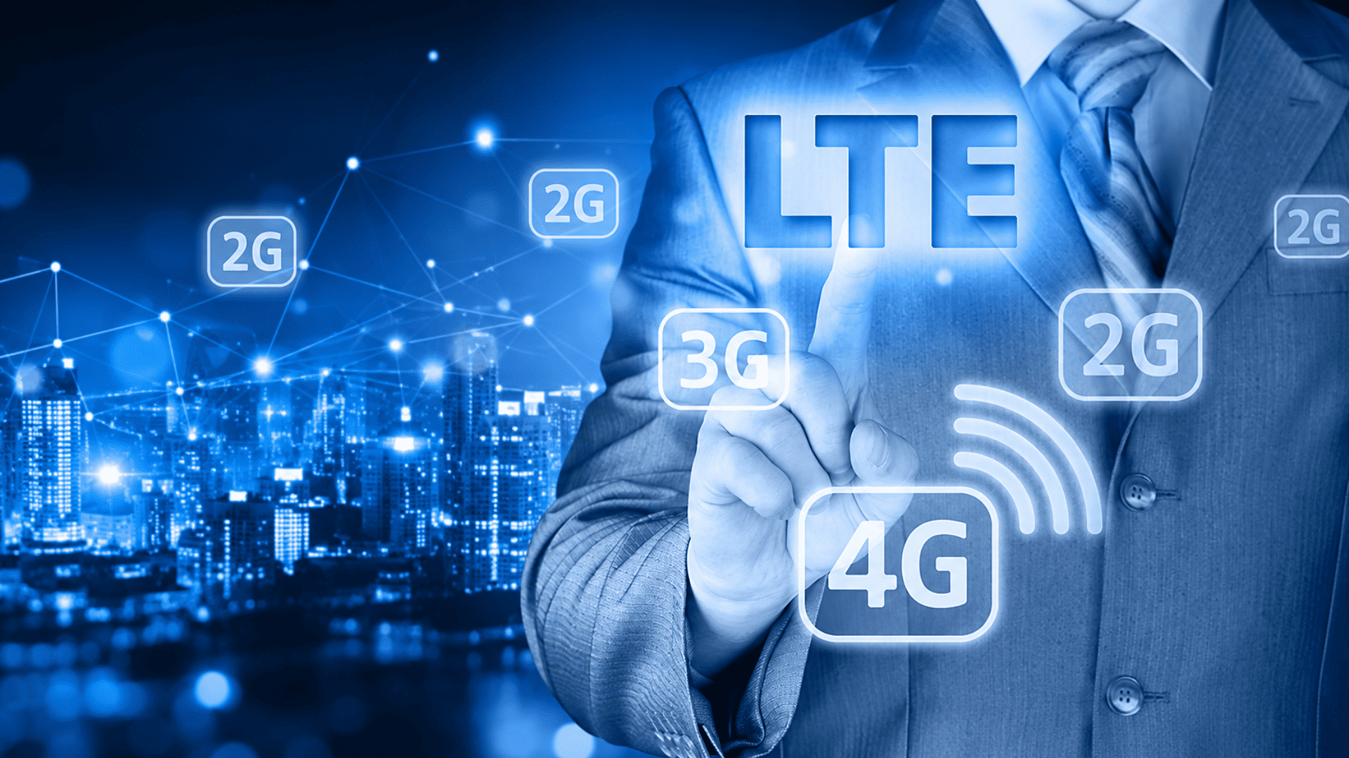 businessman touching lte and 4g icons over a glowing city with digital network connections