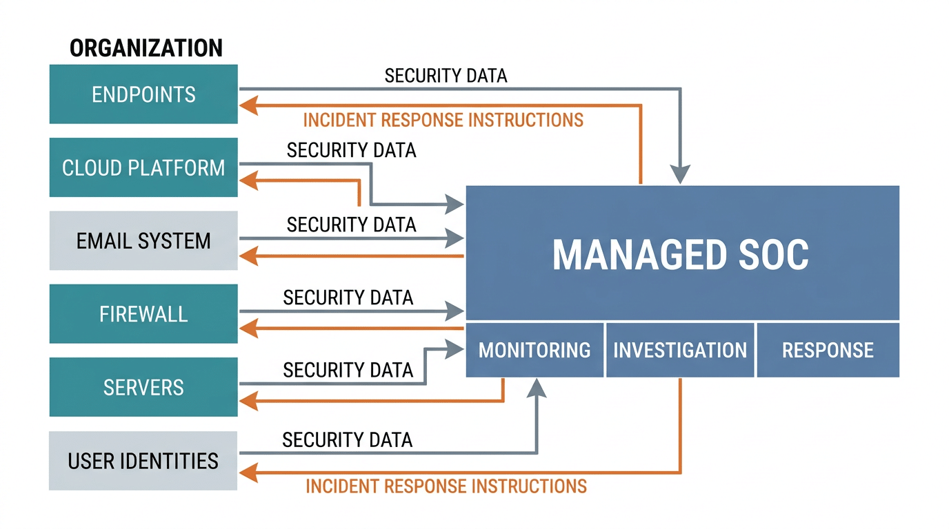 managed soc connected to cloud endpoints servers email firewalls and user identity systems