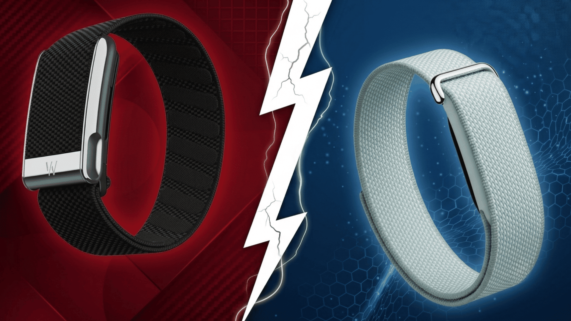 WHOOP and Fitbit Air fitness bands compared on contrasting red and blue backgrounds