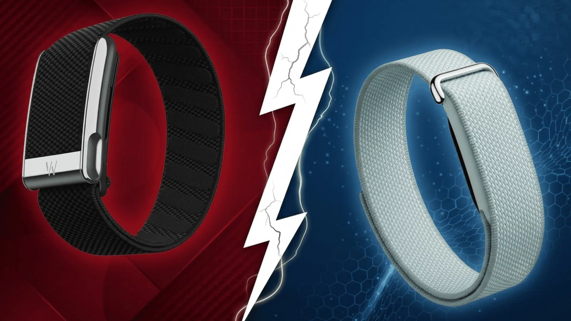 WHOOP and Fitbit Air fitness bands compared on contrasting red and blue backgrounds