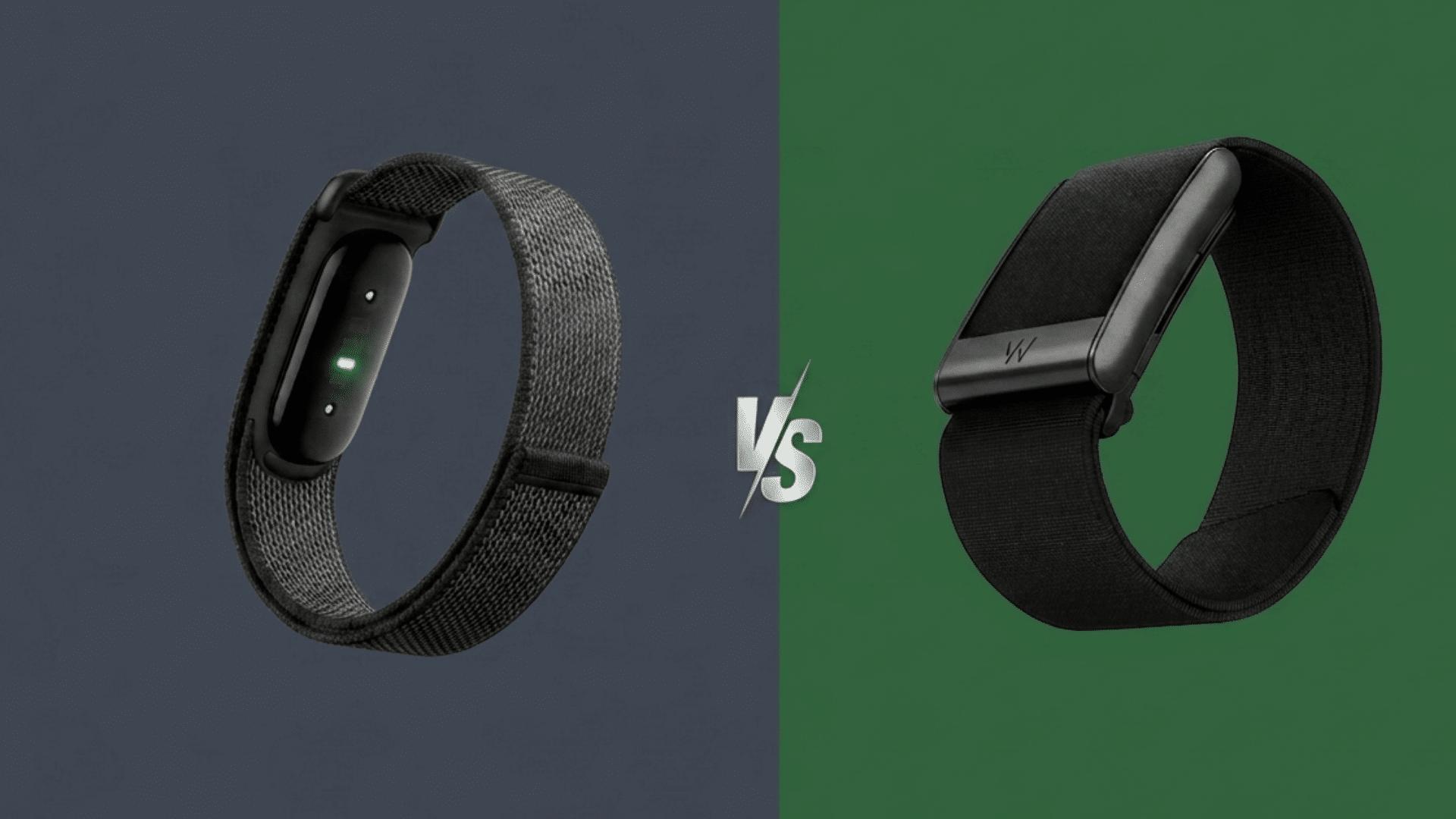 WHOOP and Fitbit fitness bands compared side by side on gray and green backgrounds