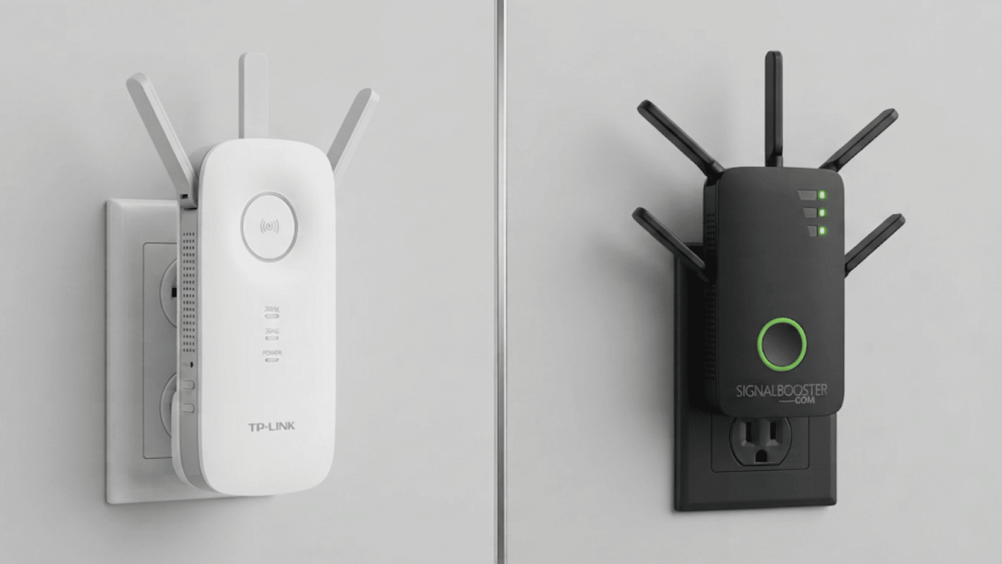 wifi extenders with antennas mounted on walls showing devices that improve wireless network coverage at home