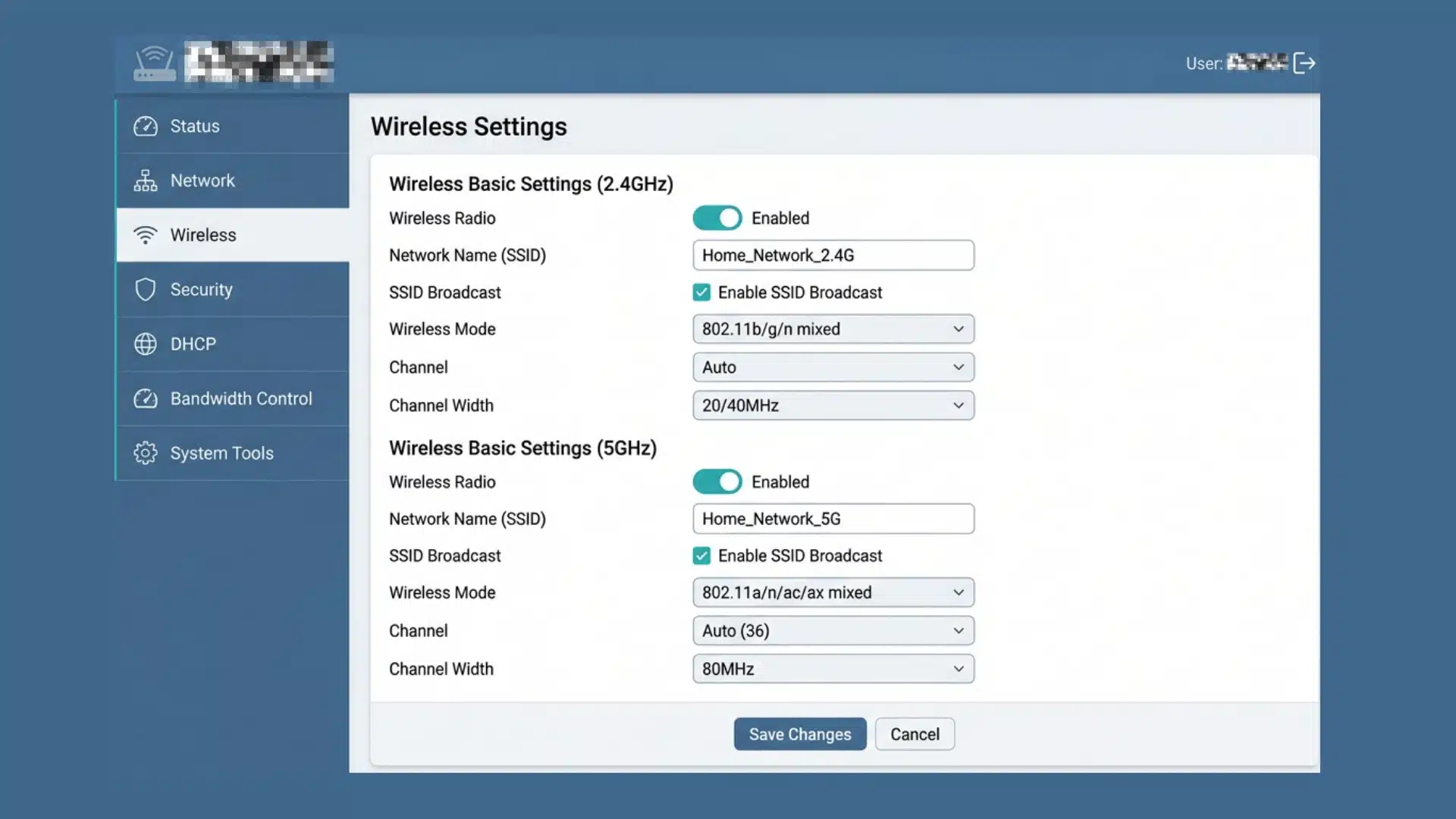 router admin dashboard showing wireless settings with wifi network names ssid options channels and security controls