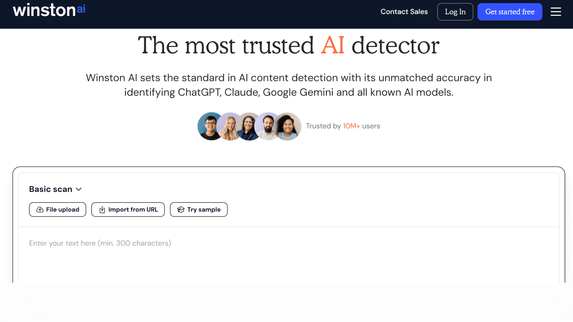winston ai detector homepage showing a content analysis tool for identifying possible ai generated text