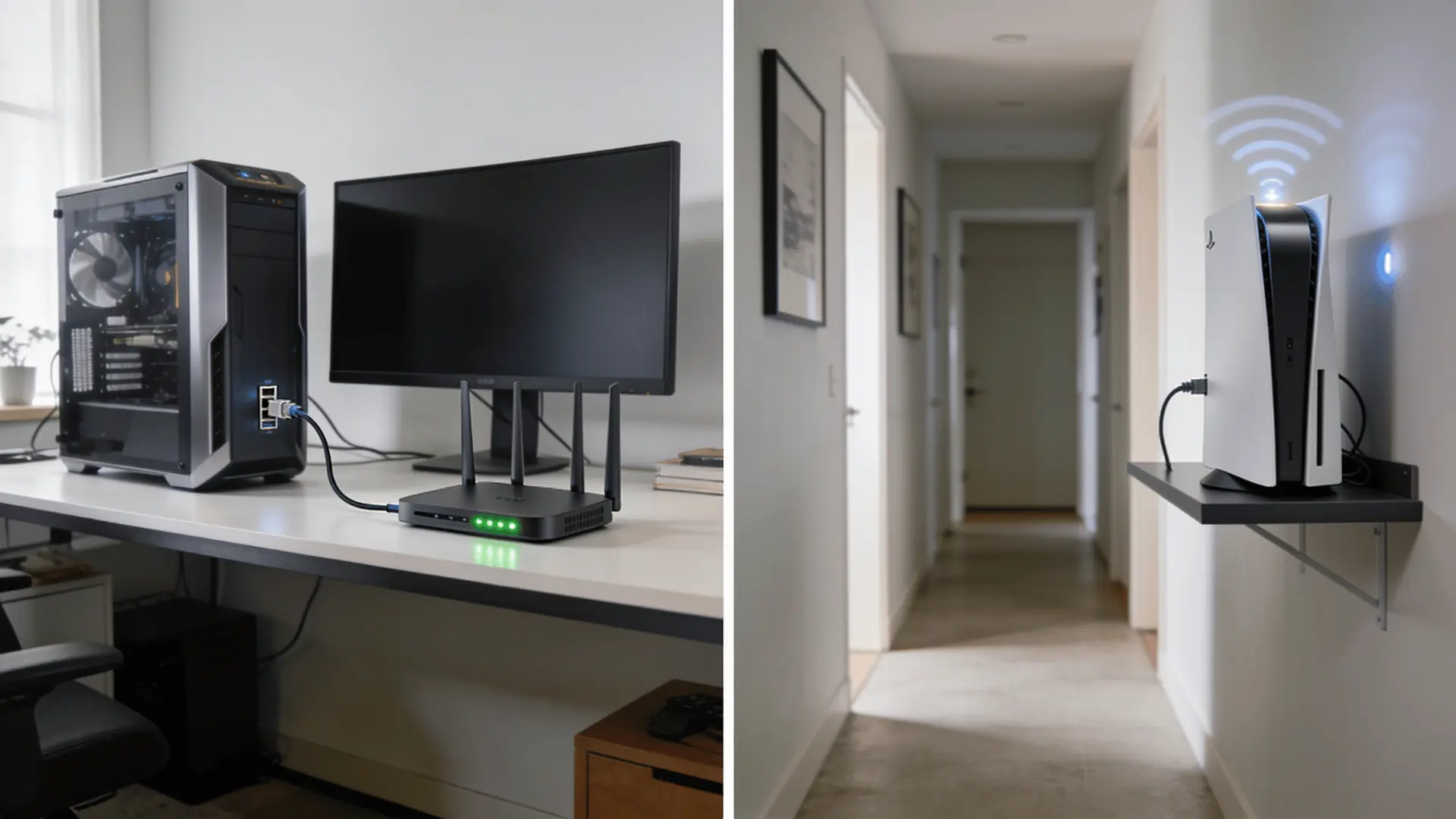 desktop computer and router on a desk beside a playstation console receiving a wireless signal in a hallway
