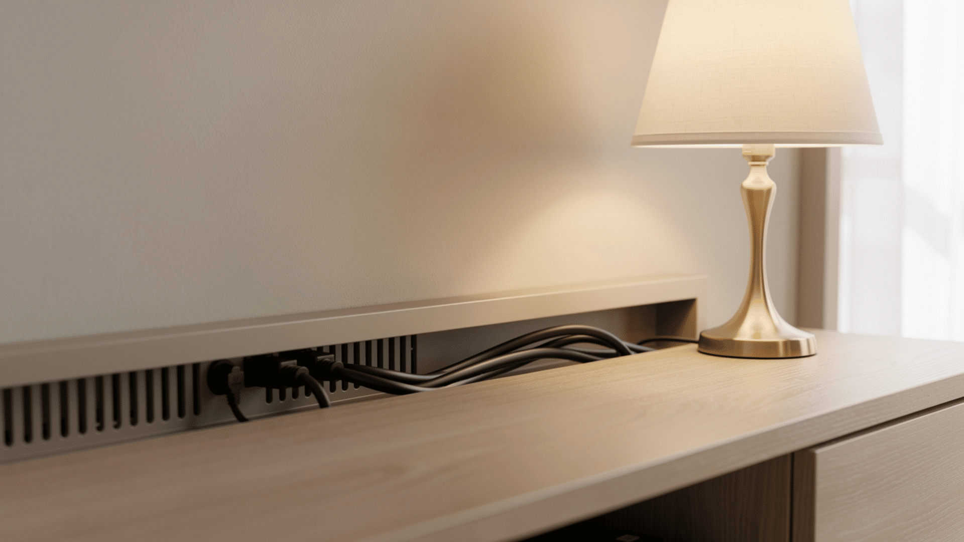 wooden media console with neatly hidden cables and a warm brass lamp