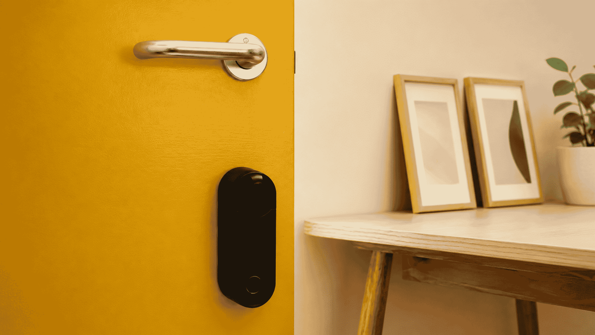black yale linus smart lock mounted inside a yellow door beside framed artwork and a small plant