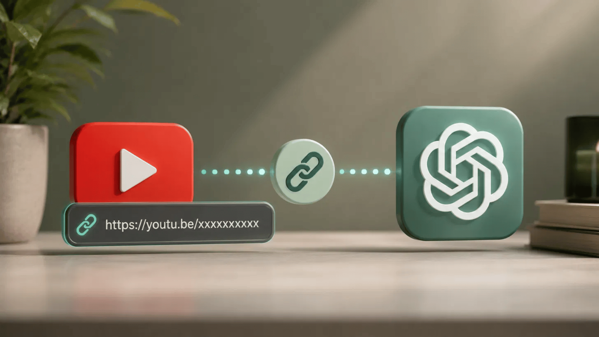 youtube play button and a url bar connected by a link icon to an openai logo icon