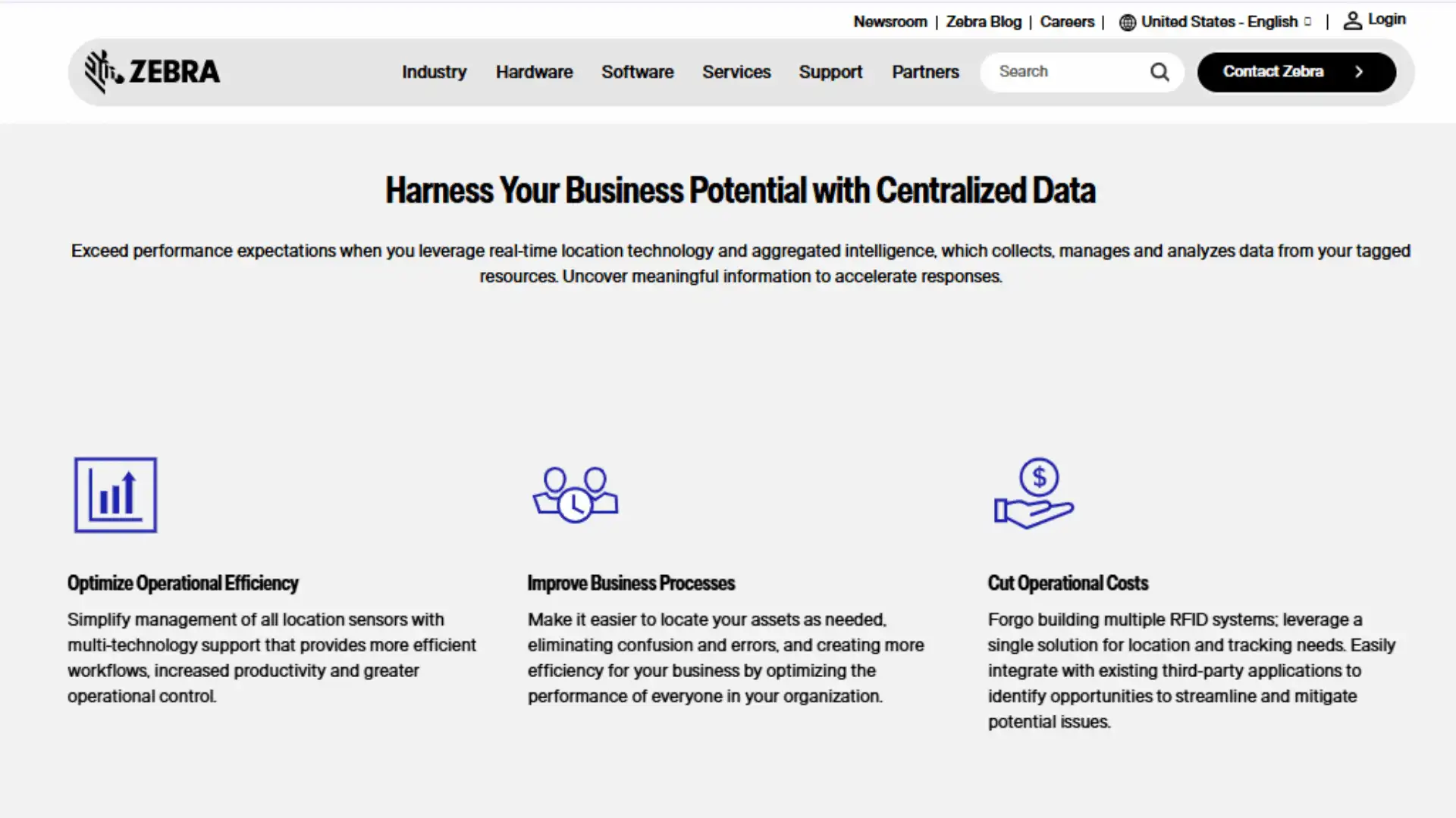 zebra motionworks webpage showing centralized data tools for asset tracking and operations