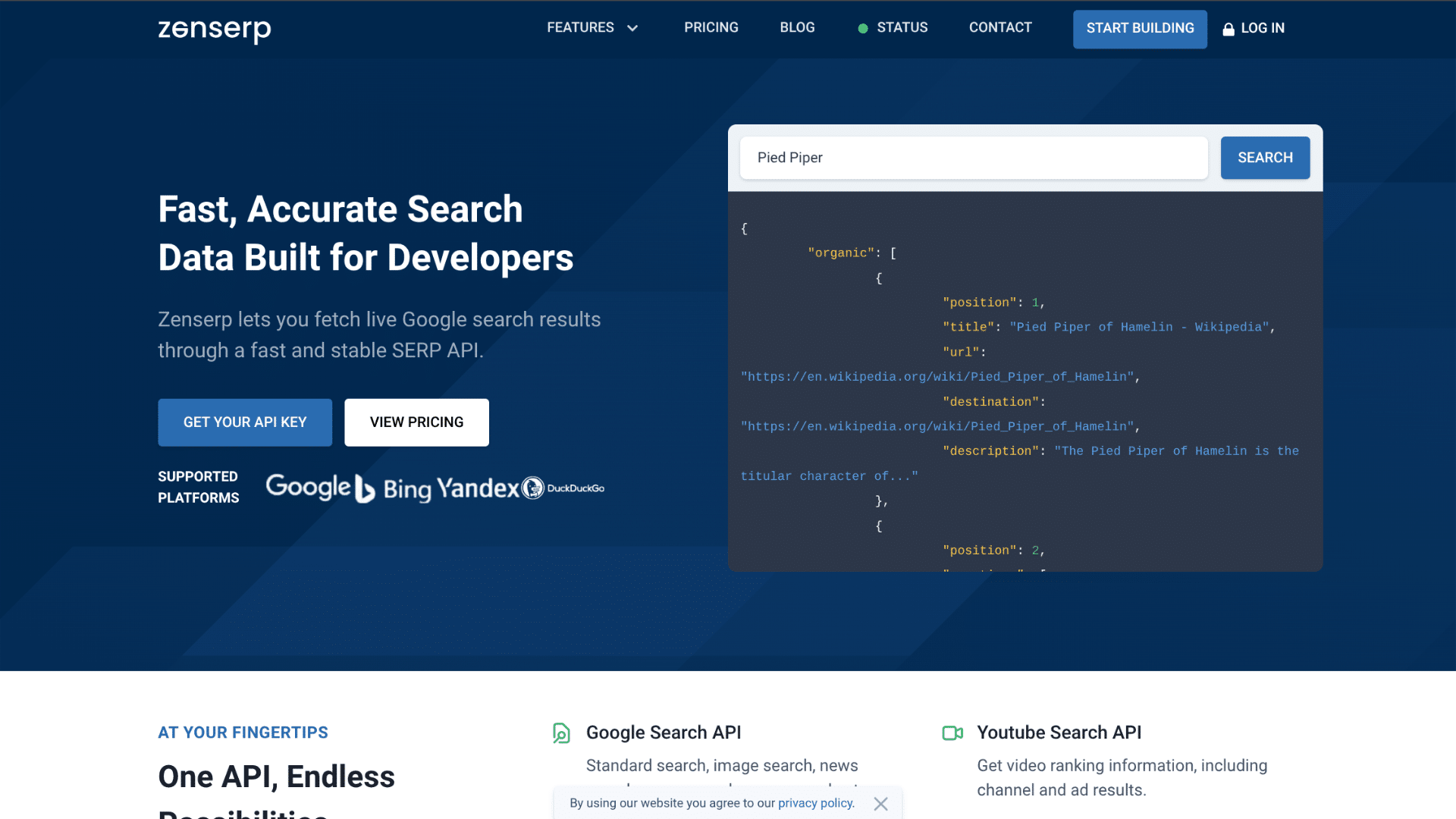 Zenserp API platform displaying localized search results, ranking data, and SERP tracking analytics