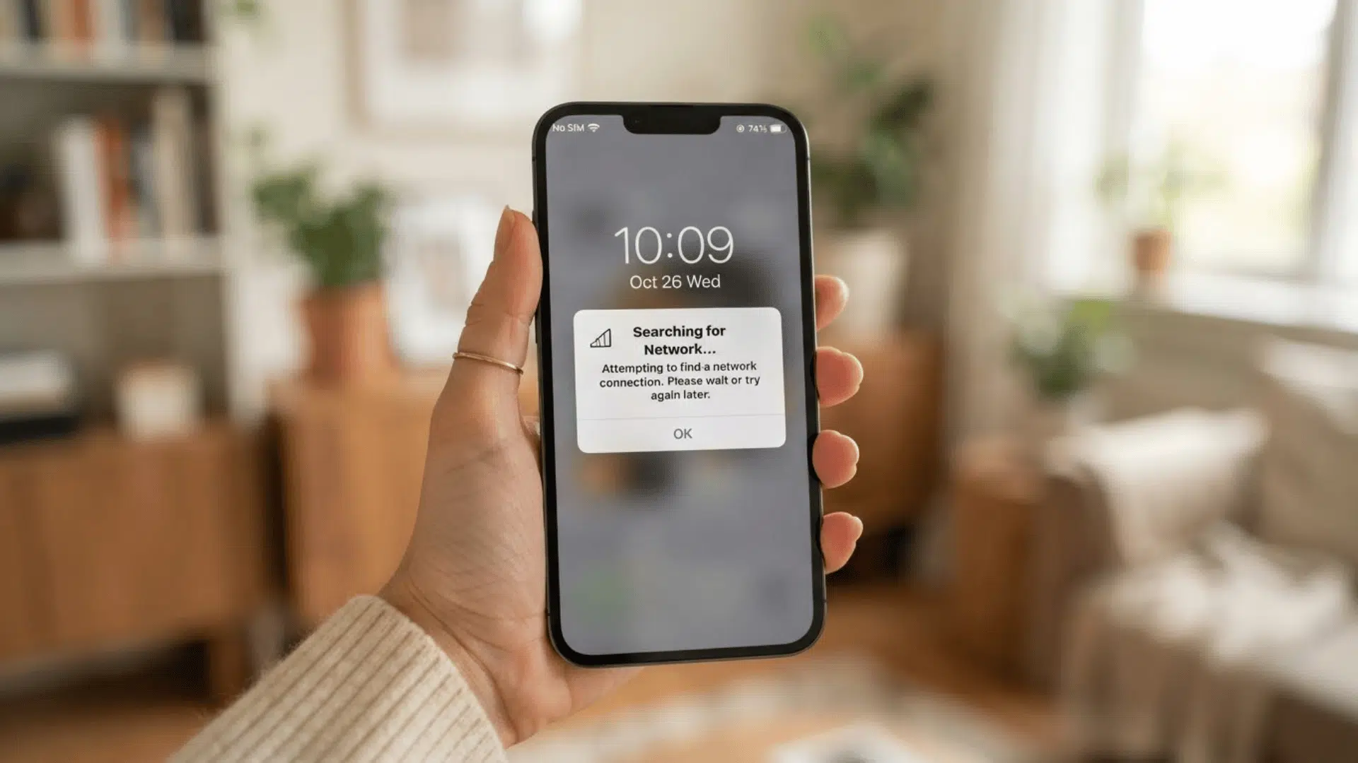 a person holding a smartphone showing a searching for network message in a bright home interior
