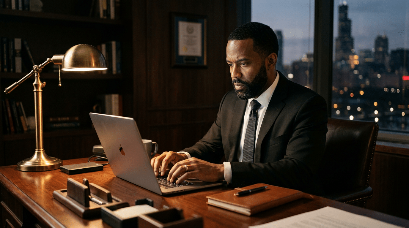 a professional working on a laptop at a wooden office desk with city lights visible through large windows at night