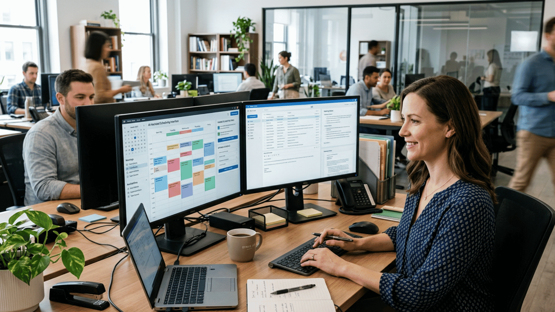 administrative assistant manages schedules emails and documents with ai tools in an office