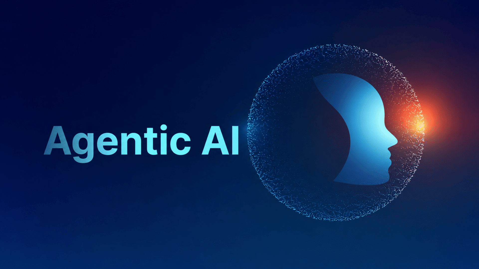 agentic ai header image with a digital human profile glowing inside a blue particle sphere