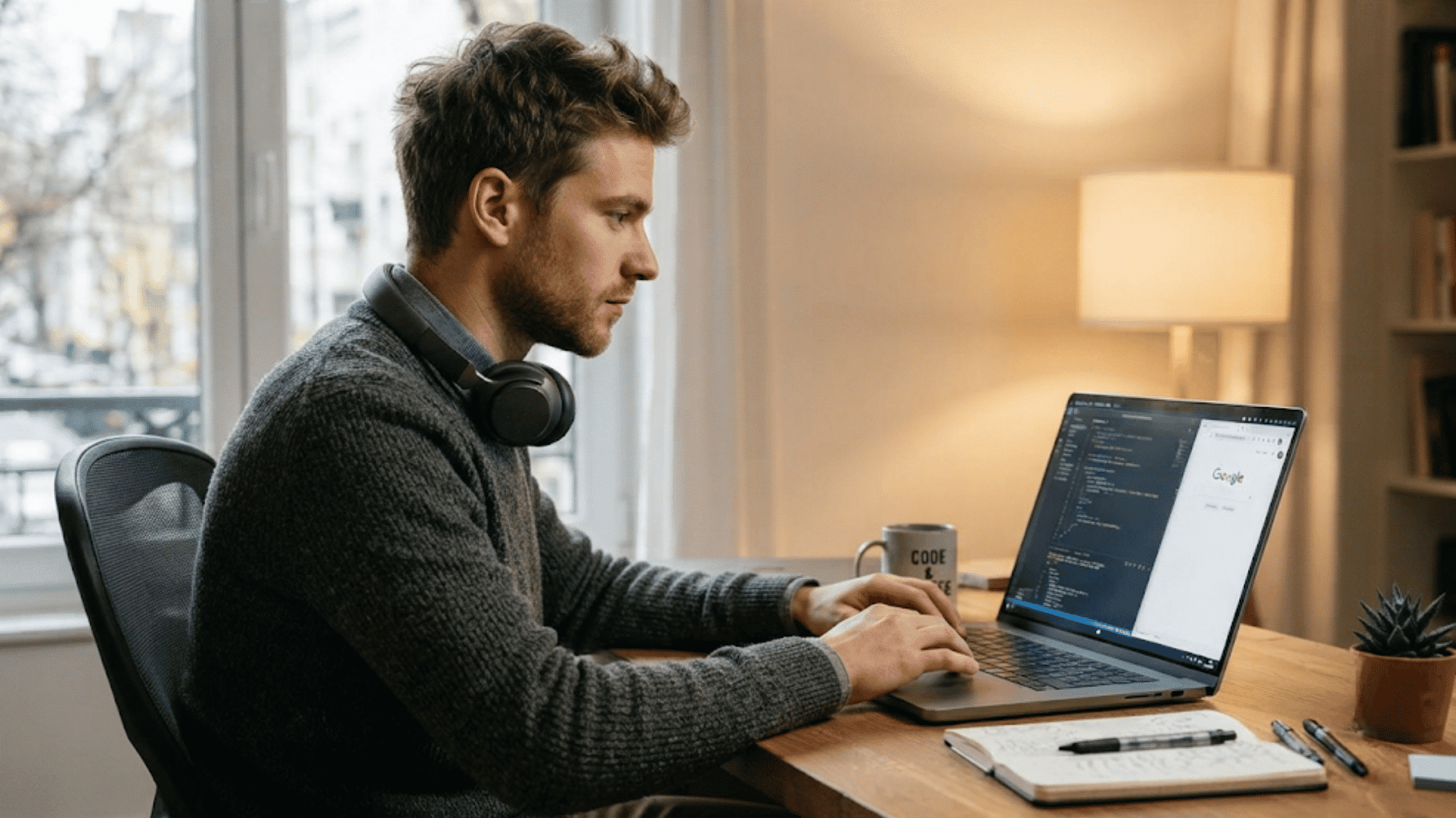 person working on a laptop with code displayed in a home office workspace with headphones nearby