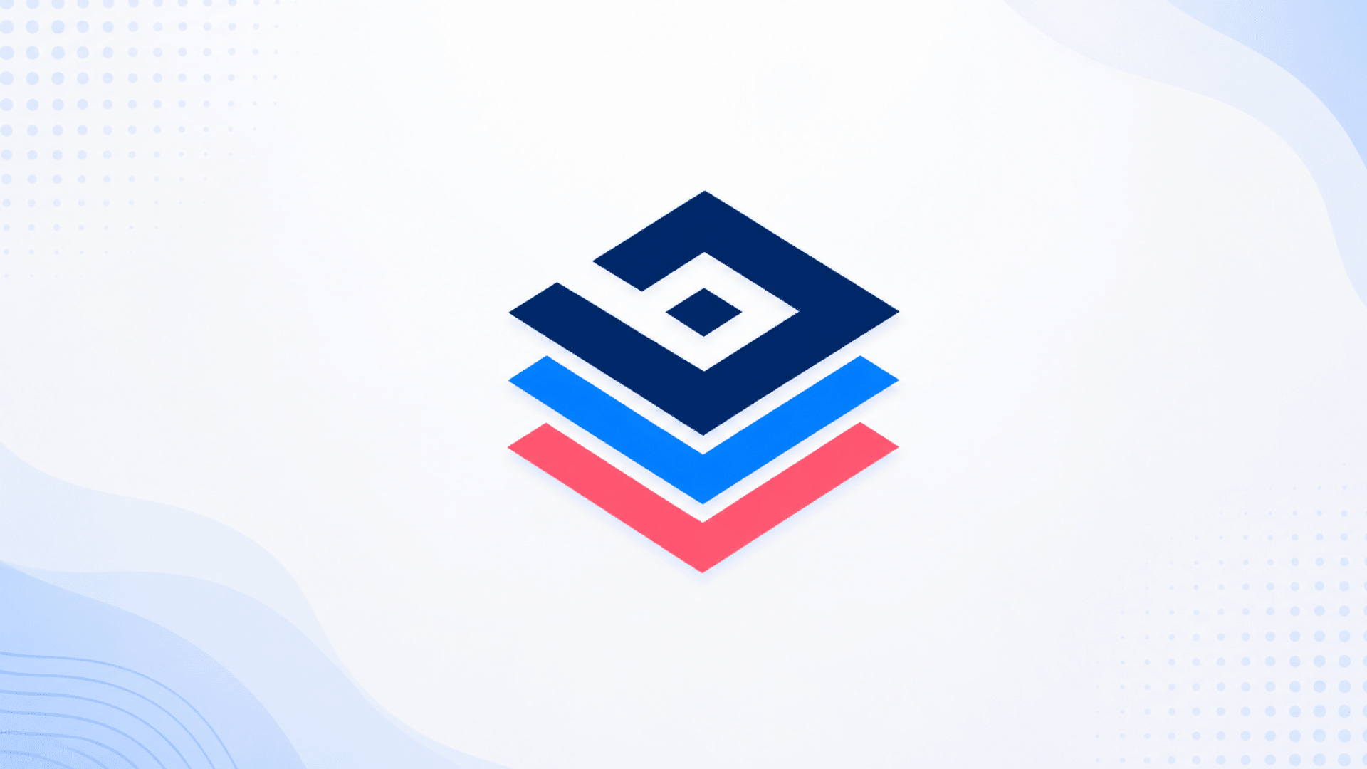 stacked blue and red geometric logo centered on a clean white background with soft patterns