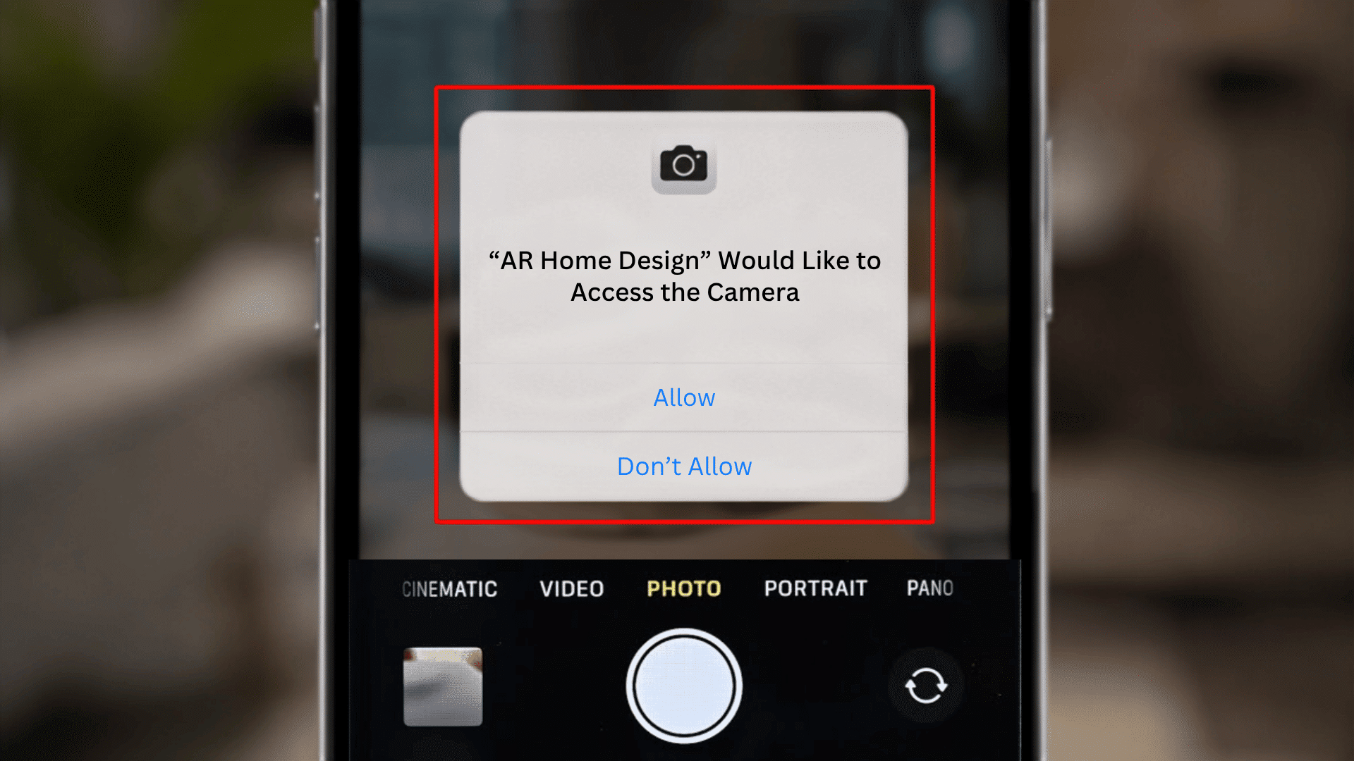 camera permission popup in an ar home design app asking users to allow or deny camera access