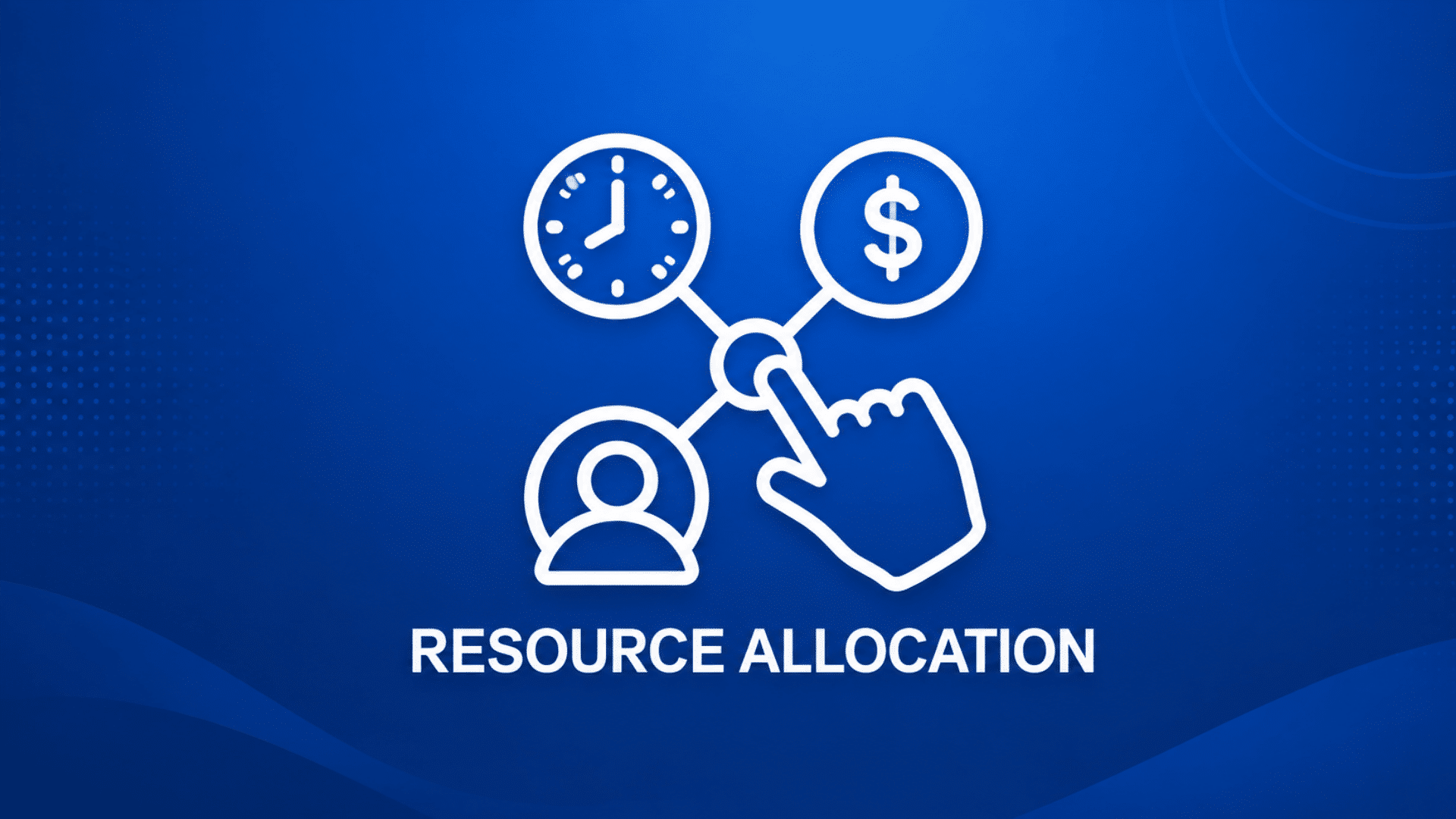 resource allocation icon showing time money and workforce planning on a blue business background