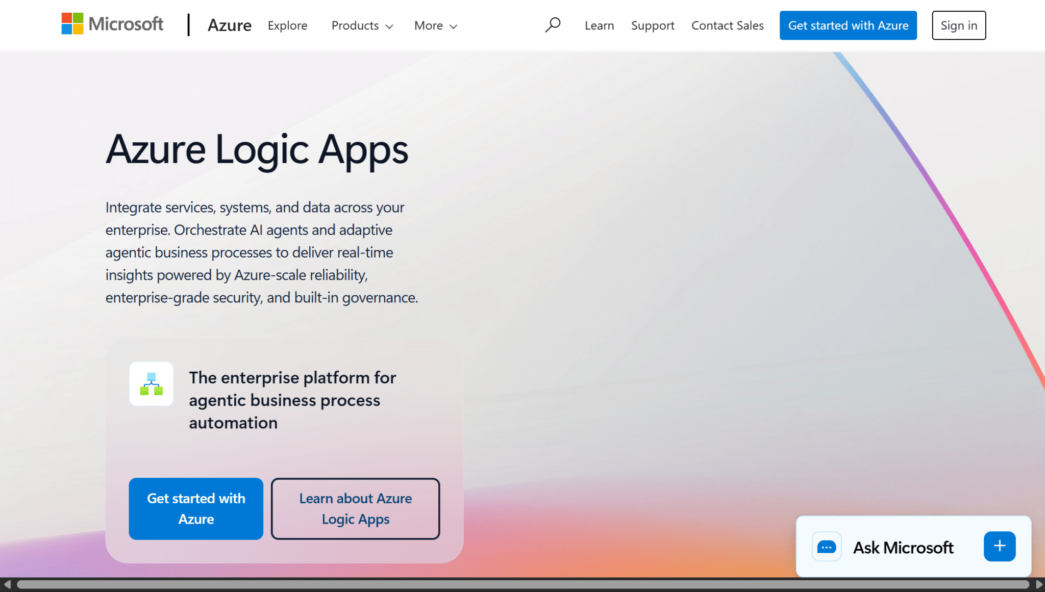 azure logic apps webpage showing enterprise automation platform integration services and business process workflow features