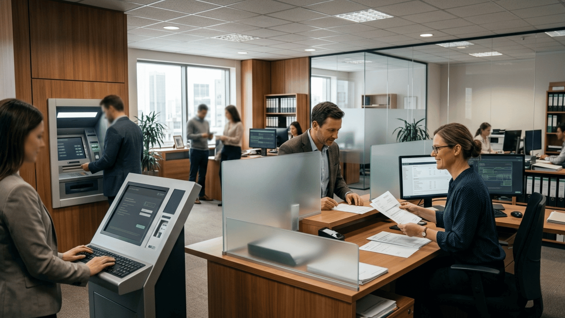 bank teller assists a customer while digital banking screens and atm handle basic services