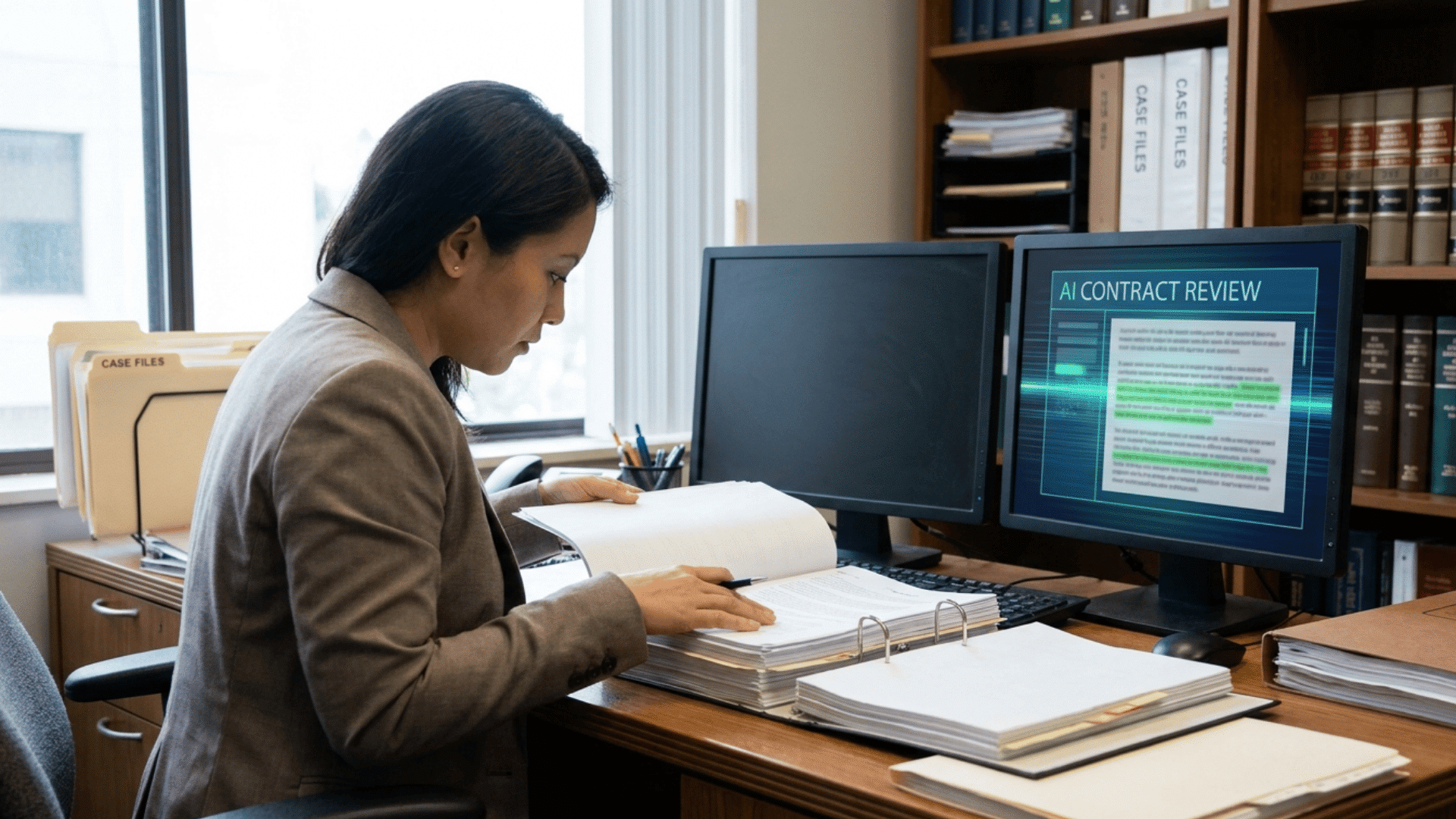 legal support worker reviews contracts as ai software scans case files and key legal terms