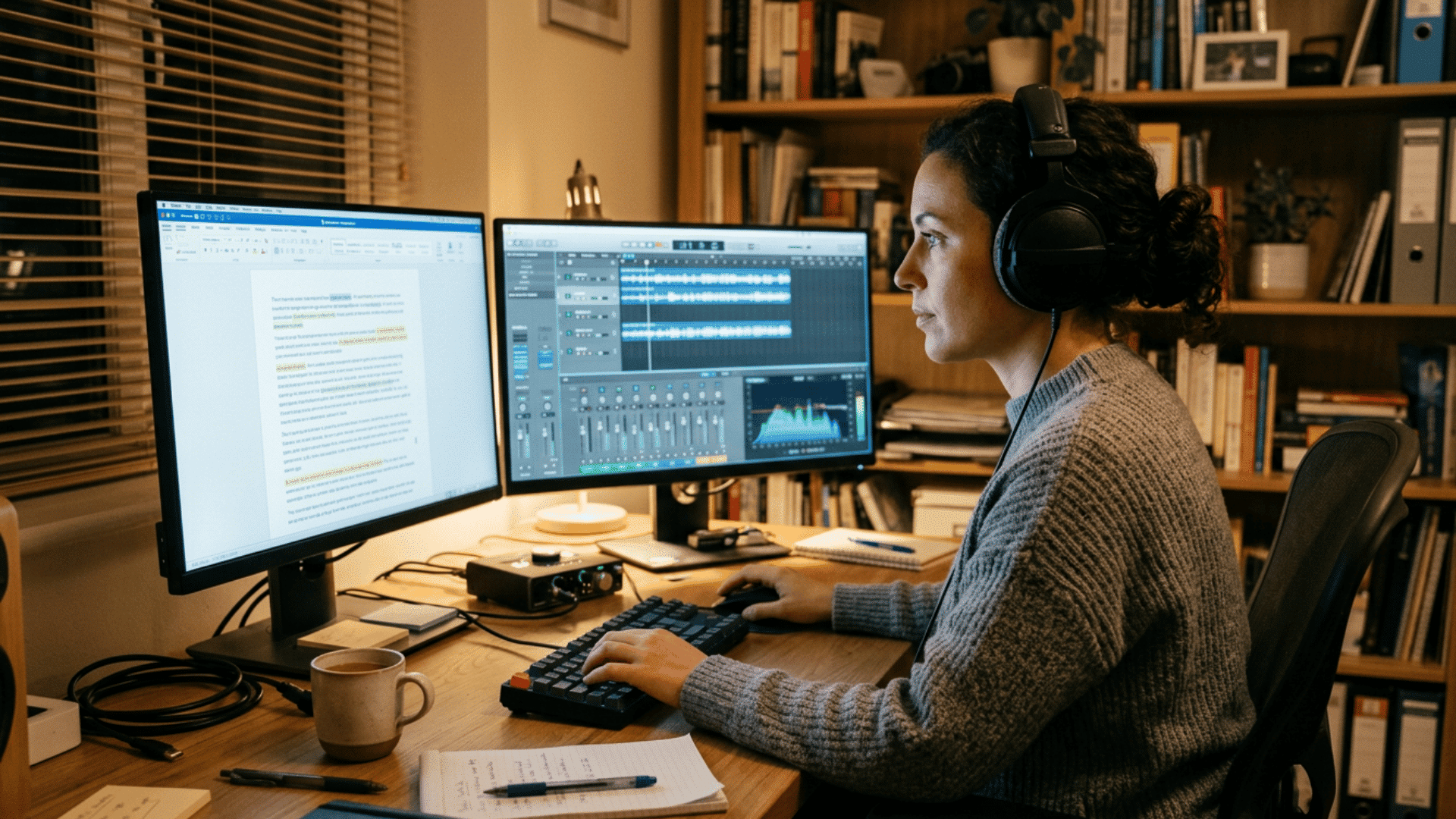 transcription worker edits an automated voice transcript while listening to recorded audio