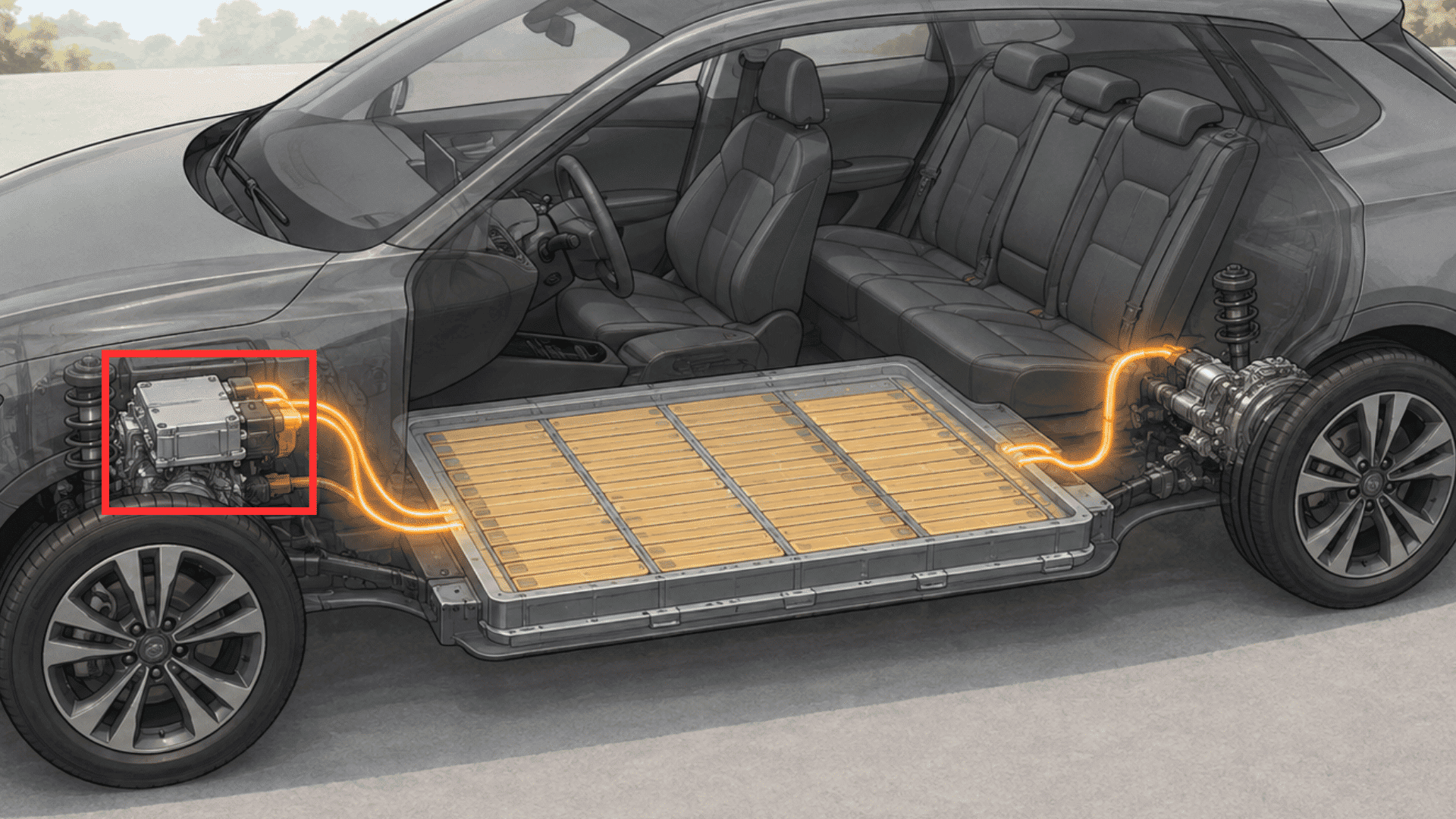 electric car cutaway showing the traction battery beneath the floor supplying power to the motor