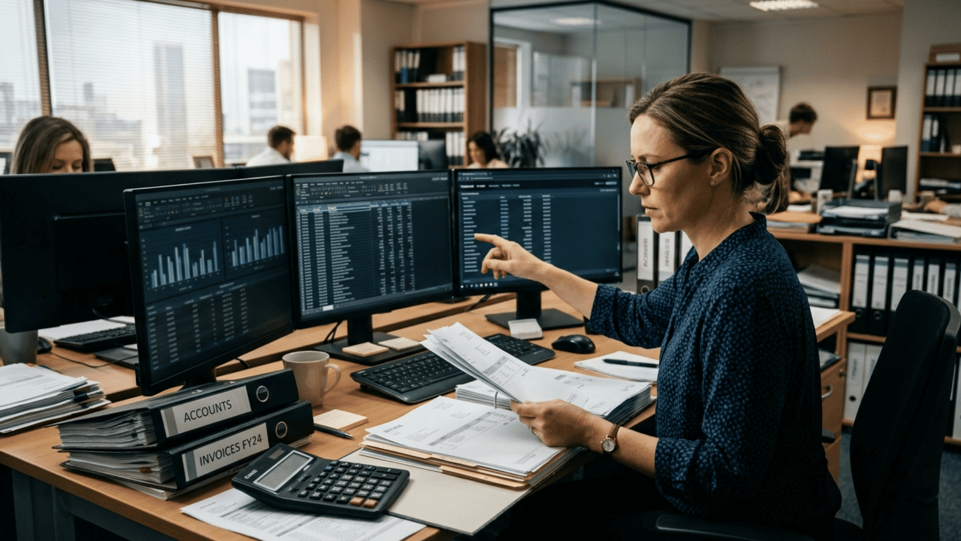bookkeeping clerk checks finance records as ai software handles invoices and daily entries