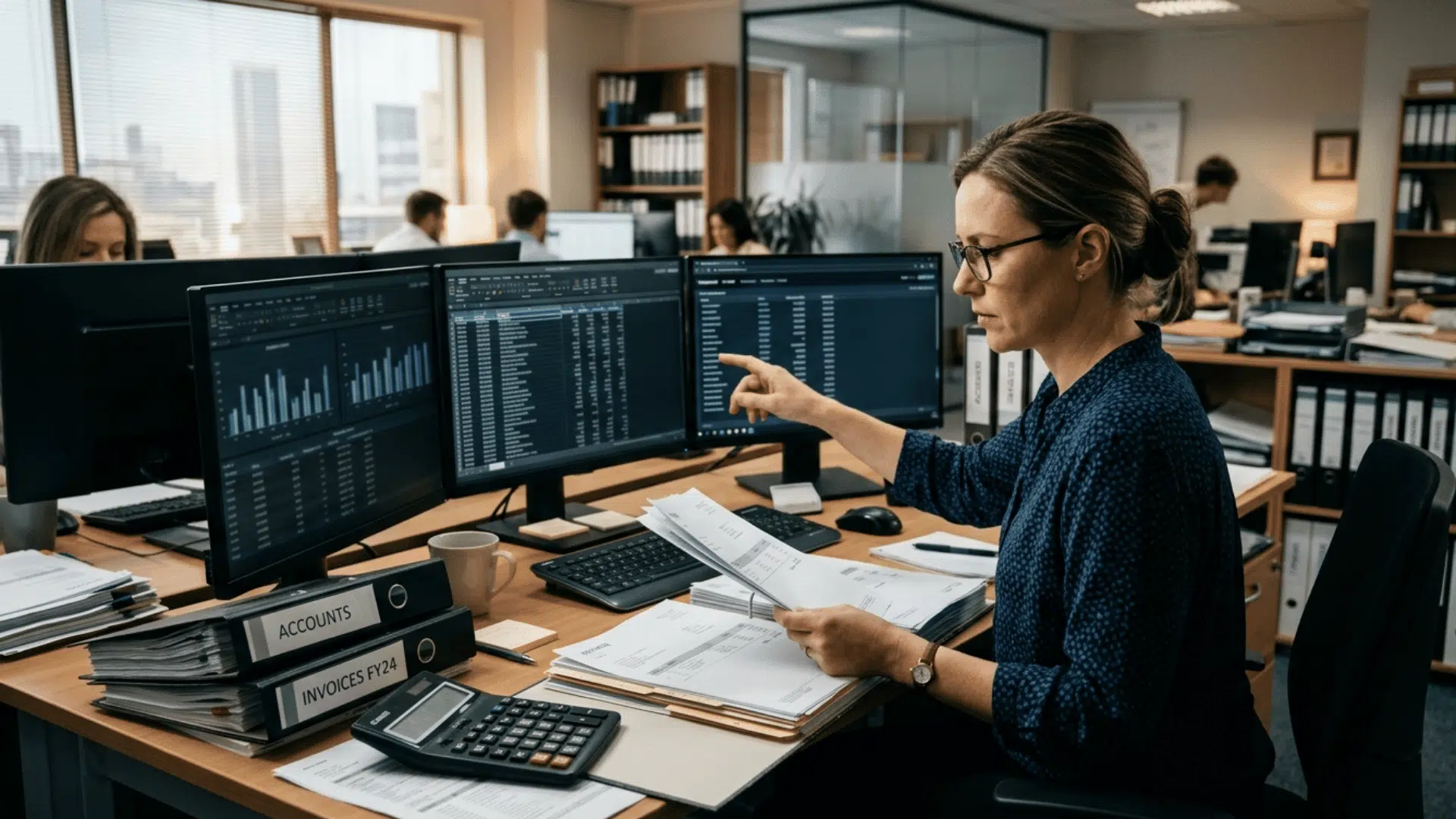 bookkeeping clerk checks finance records as ai software handles invoices and daily entries