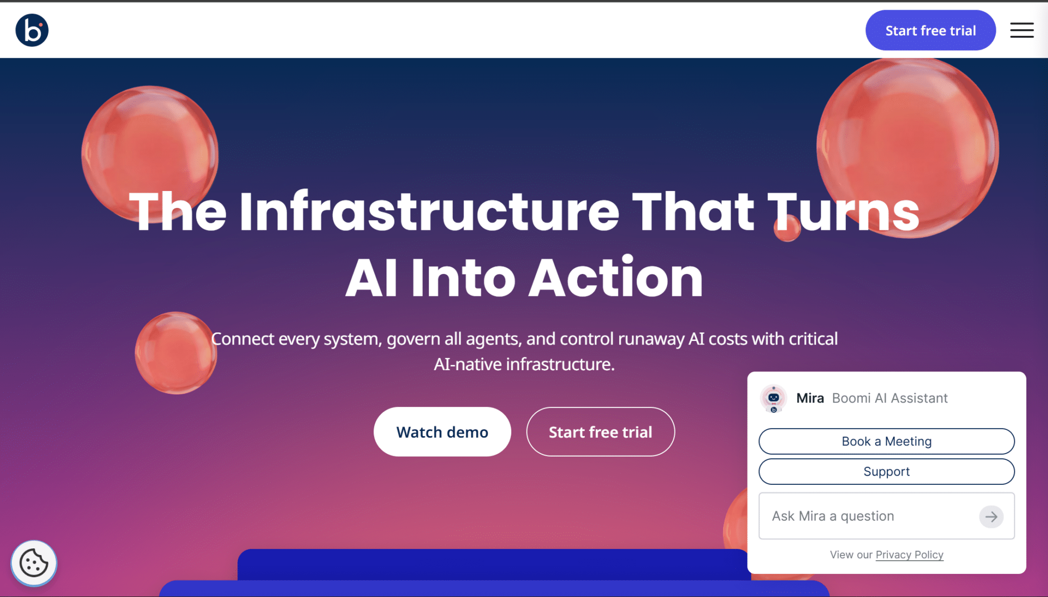 boomi ai infrastructure webpage showing automation platform features with assistant chatbot and trial options