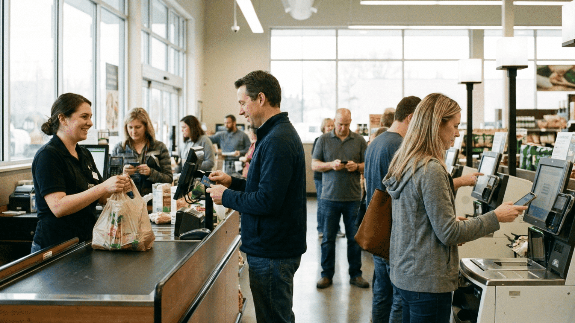 cashier helps a customer beside self checkout machines in a modern retail shop environment