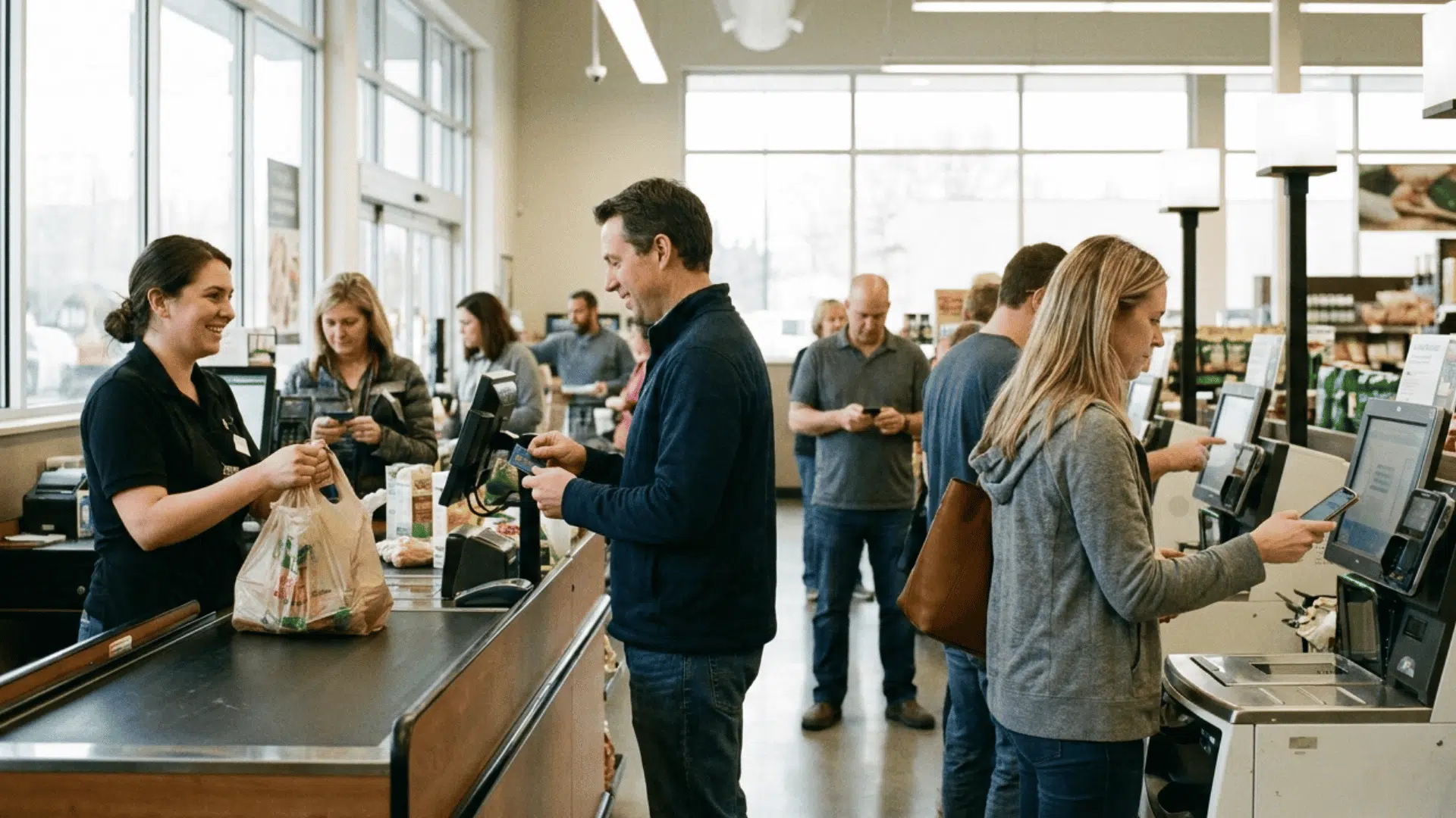 cashier helps a customer beside self checkout machines in a modern retail shop environment