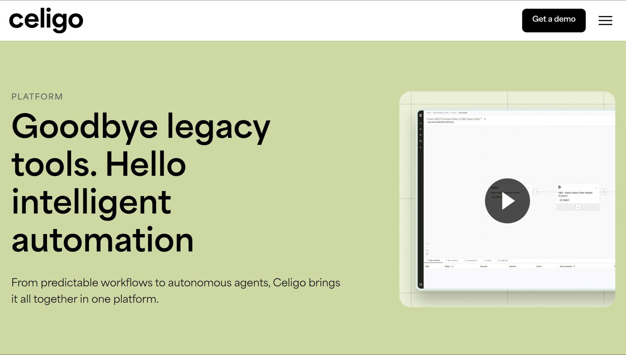 celigo automation platform webpage showing intelligent workflow tools and integration software features