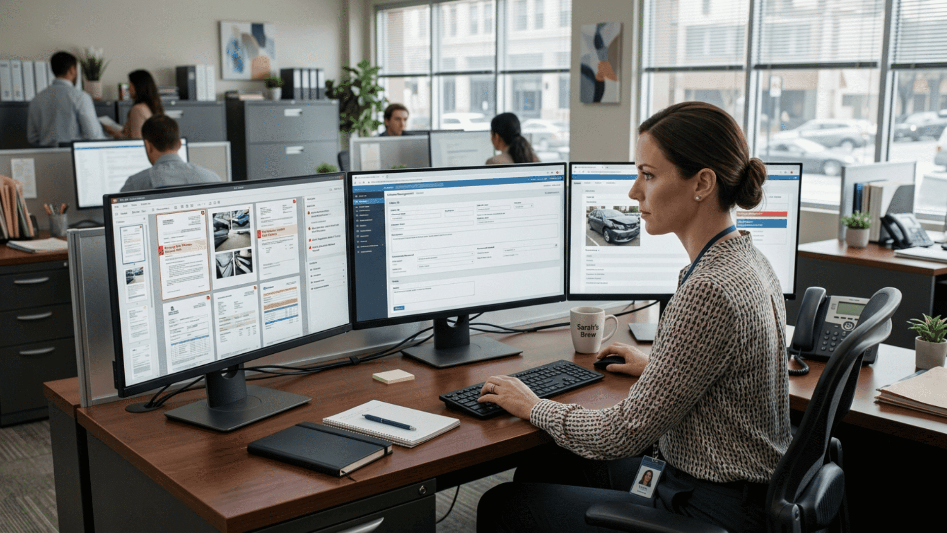 claims processor reviews forms as ai software checks details and flags missing information