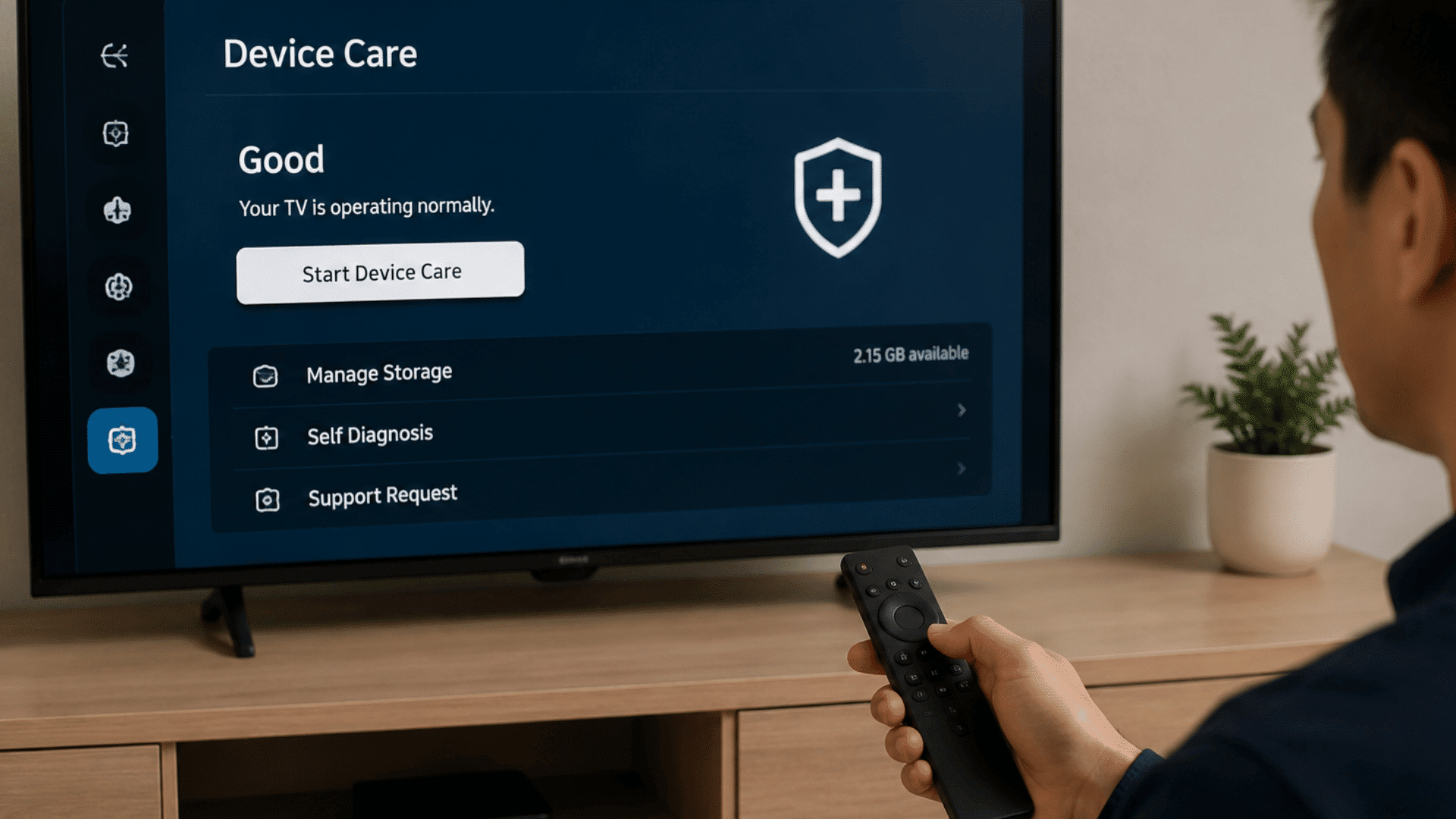 samsung tv settings screen with device care menu for clearing cache and fixing app performance issues