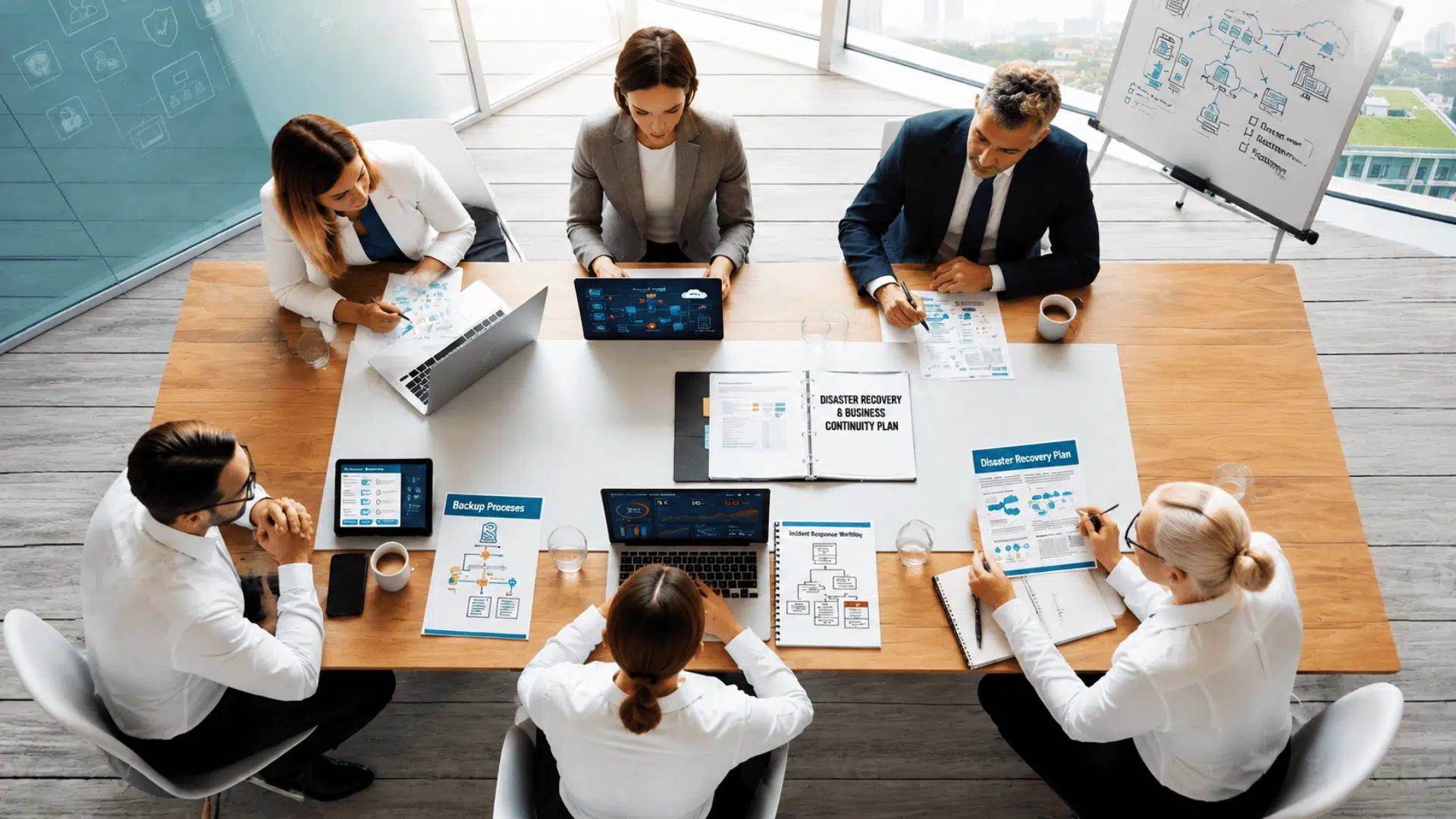 business team reviewing an IT disaster recovery and business continuity plan with laptops, tablets, backup process charts, and recovery documents.